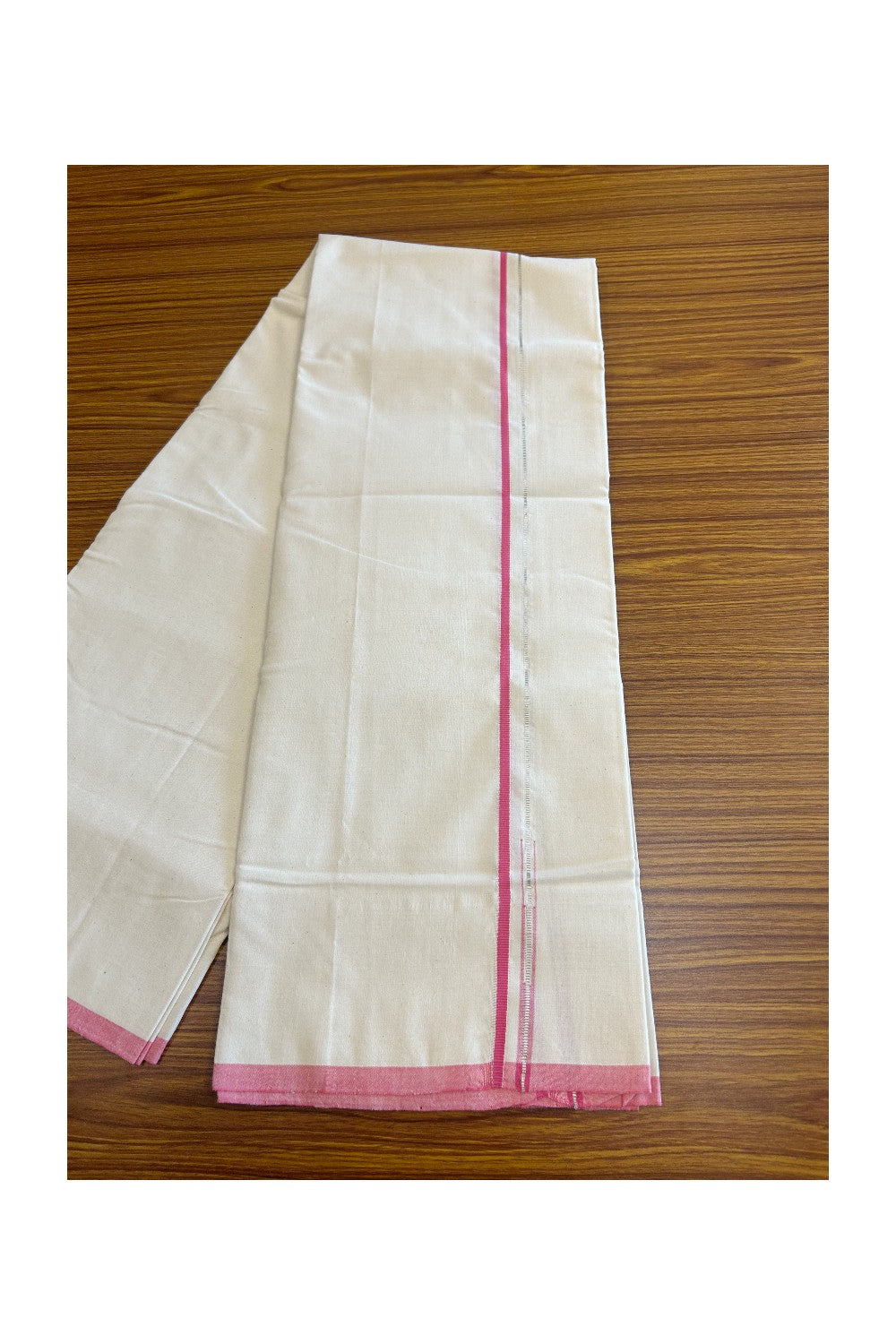 SIGNATURE KAITHARIKADA EXCLUSIVE SINGLE DHOTI - 100% Cotton Balaramapuram HANDLOOM Single Mundu/Dhoti - Off White - (Unbleached) 0.25 Inch Pink & Silver KASAVU Chutty Kara  (2 metre / 4 muzham)- 5KK5010KAI