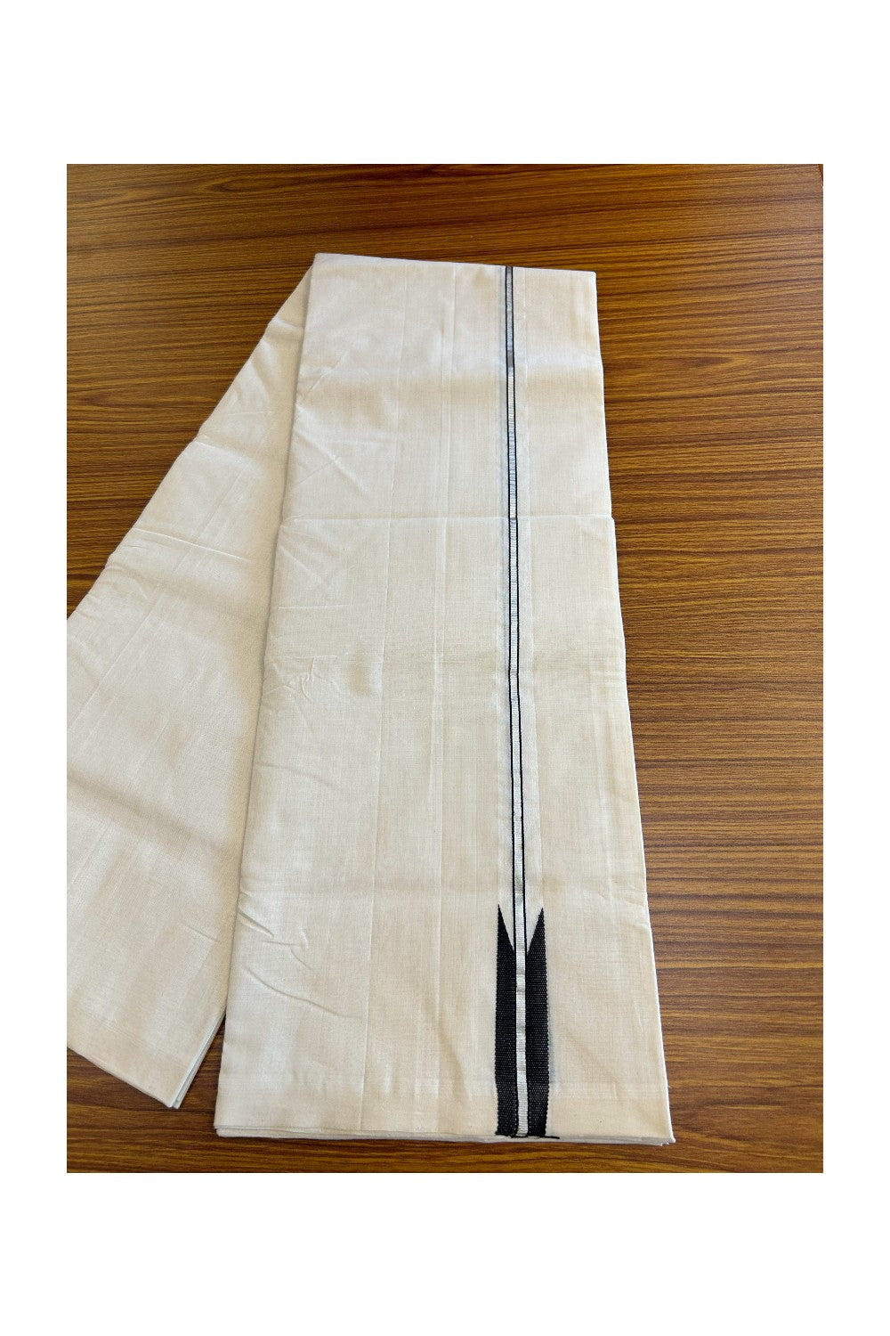 30% DISCOUNT!! KaithariKada HANDLOOM UNAKKUPAAV Balaramapuram - 100% PURE Cotton OFF White - (Unbleached) Double Mundu/Dothi - 0.75 inch Puliyilakkara silver kasavu & Black chutty - 5KK5011RAM