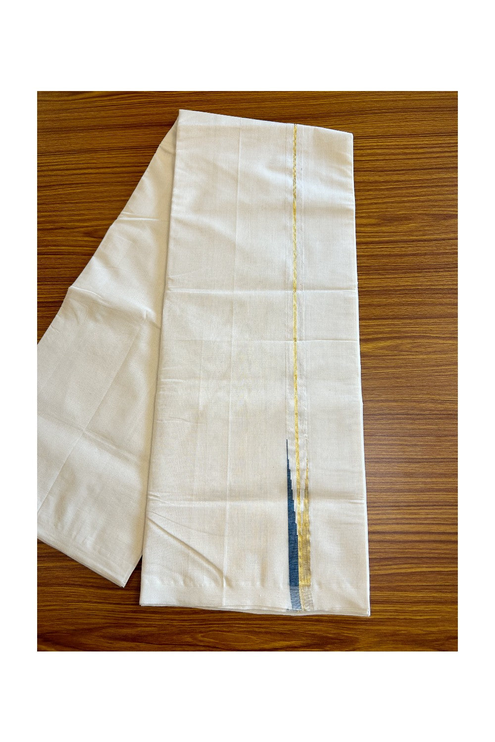 30% DISCOUNT!! KaithariKada HANDLOOM Millpaav Balaramapuram - 100% PURE Cotton OFF White Double - (Unbleached) Mundu/Dothi - 1 inch puliyilakkara Kasavu & Peacock Blue chutty- 5KK5029RAM