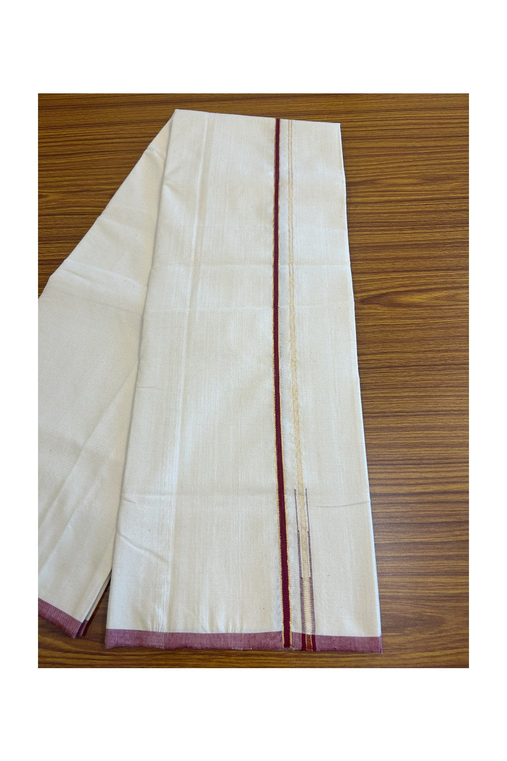 SIGNATURE KAITHARIKADA EXCLUSIVE SINGLE DHOTI - 100% Cotton Balaramapuram HANDLOOM Single Mundu/Dhoti - Off White - (Unbleached) 1 cm Maroon & KASAVU Chutty Kara (2 meter / 4 muzham) - 5KK5040KAI
