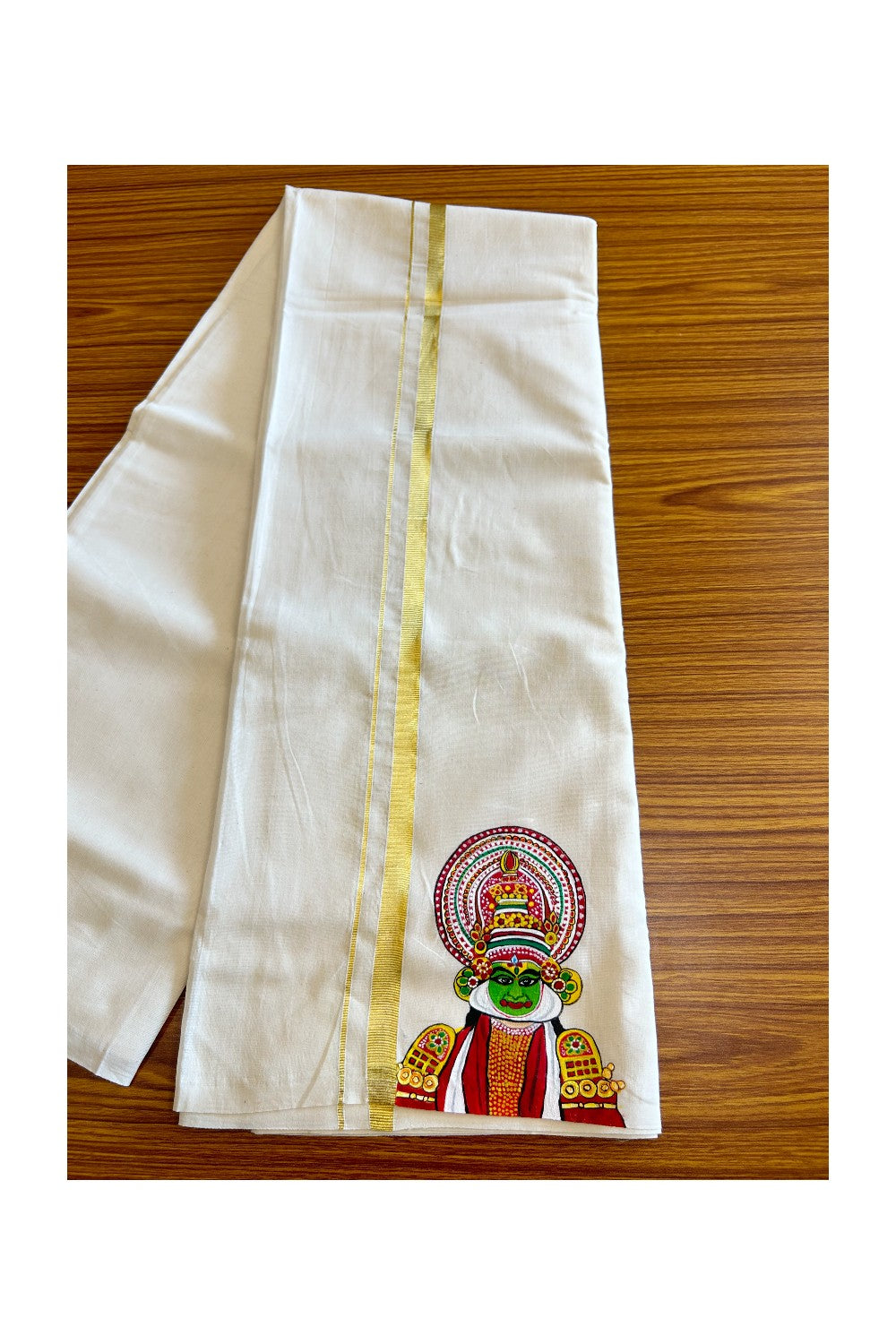 KaithariKada Balaramapuram 100% Cotton Double Off white - (Ubleached) Mundu/Dhoti-100x80 1 inch Kasavu & Hand Painted Kadhakali Design Kara 3.70 meter- 5KK5046KK
