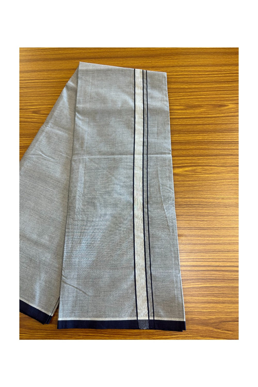 28% Discount !! KaithariKada 100% Pure Cotton - Colour Mundu Single Mundu/ Dhothi Ash Grey COLOUR BODY &  Dark Blue Shaded 1.25 inch Kara (2 meter / 4 muzham)- 5KK5055ASH