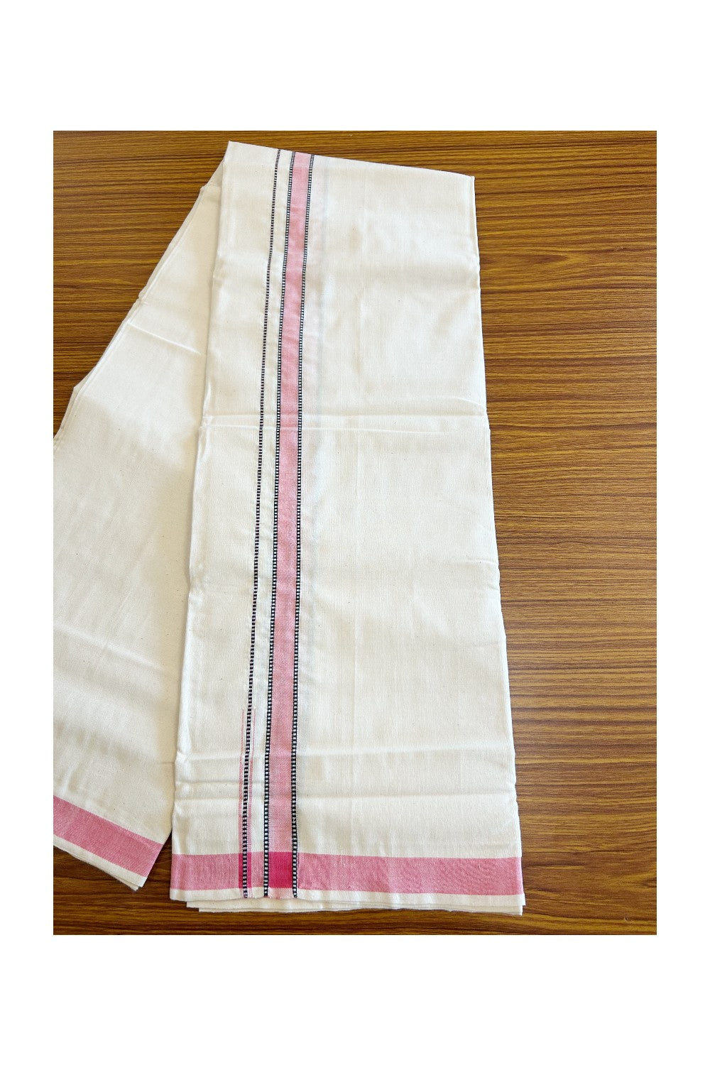 30% Discount ! KaithariKada 100% Cotton Balaramapuram HANDLOOM Single Mundu/Dhoti - Off White (Unbleached) 1.Inch (2 meter / 4 muzham) Pink & Stripes Patterned Puliyilakkara Chutty- KK32KAI