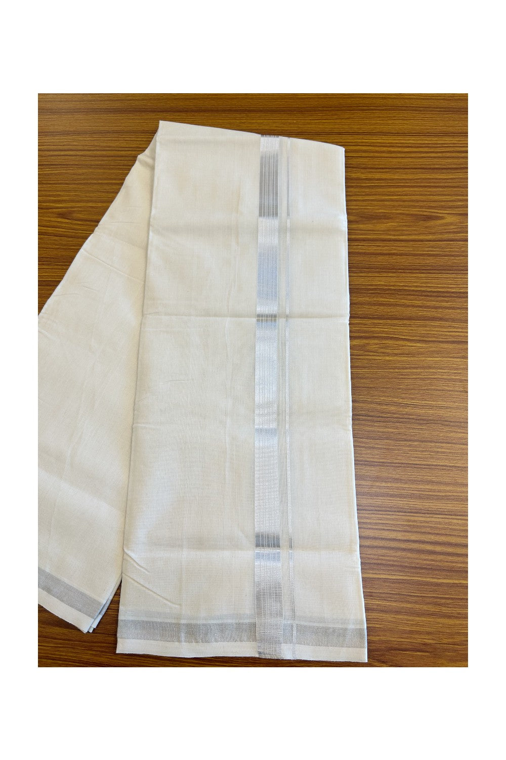 30% DISCOUNT ! KaithariKada HANDLOOM Millpaav Balaramapuram - 100% PURE Cotton Off White - (Unbleached) Double Mundu/Dhoti - Silver KASAVU Stripes Design-6KK43RAN.