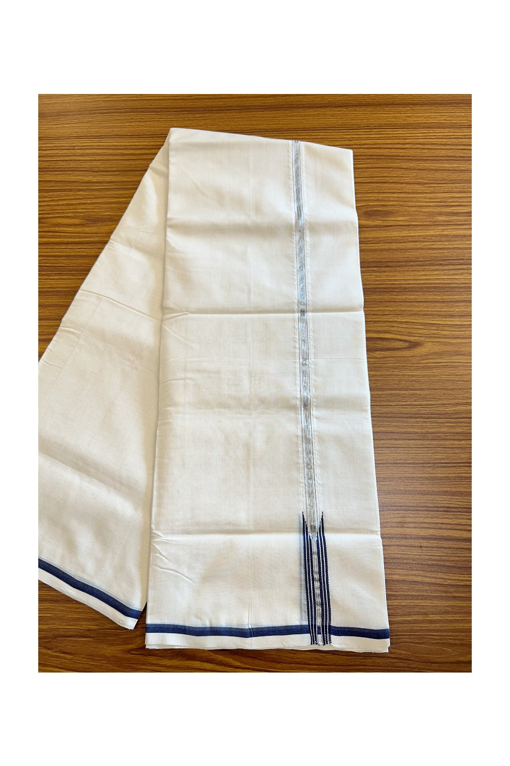 30% DISCOUNT!! KaithariKada HANDLOOM Unakkupaavu Balaramapuram - 100% PURE Cotton OFF White (Unbleached) Double Mundu/Dothi - Silver Kasavu & Navy Blue stripes puliyilakkara chutty-7KK403RAM