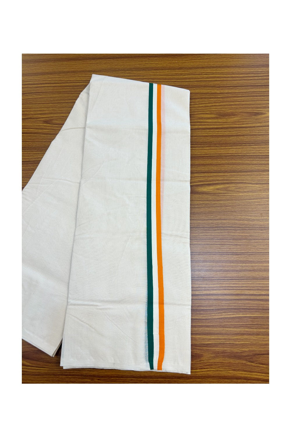 CONGRESS VESHTI - 41% DISCOUNT! KaithariKada 100% Cotton off white Double - (Unbleached) Mundu/Dhoti - 100X80 - 1 inch Orange White & Green Kara - 5KK5145ASH