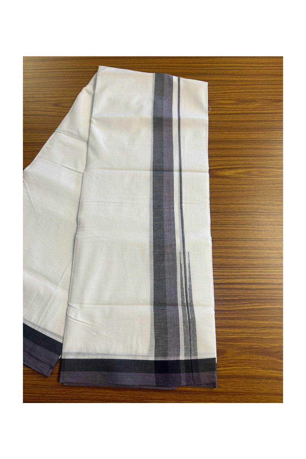 20% Discount!!! KaithariKada Balaramapuram  Double PURE WHITE Mundu/Dhoti - 80X90 - 1.75 inch Black & Matte Purple shade puliyilakkara striped chutty - 4KK5146GUN