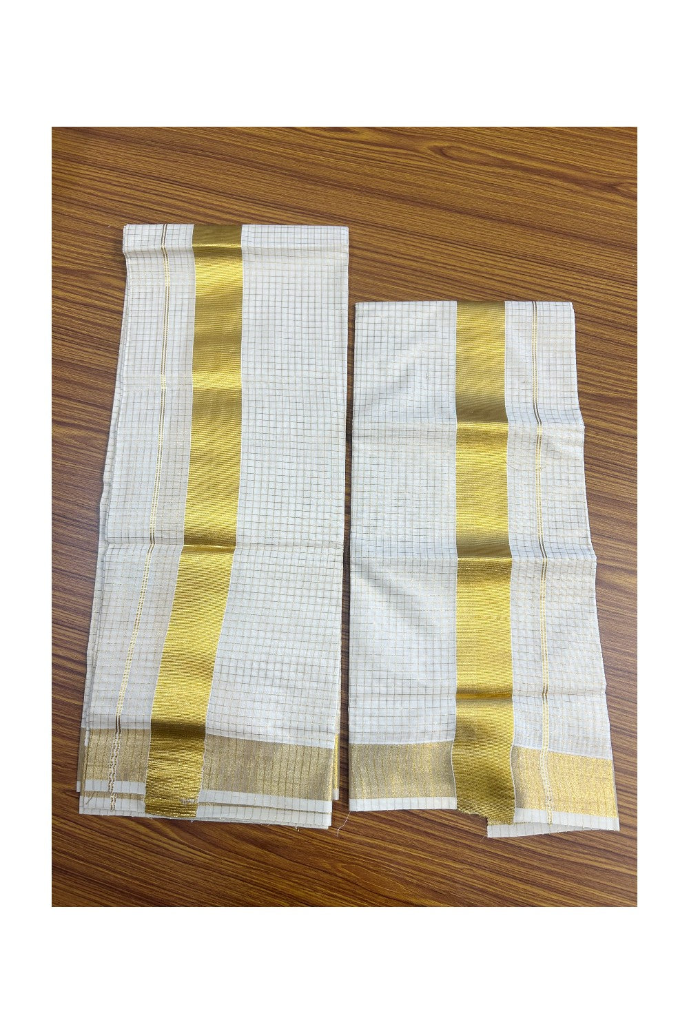 25% Discount!! KaithariKada - Kerala Pure Cotton OFF WHITE Single Set Mundu - EXTRA LENGTH -  Check Gold Kasavu Big Kara - 5KK5152PMC