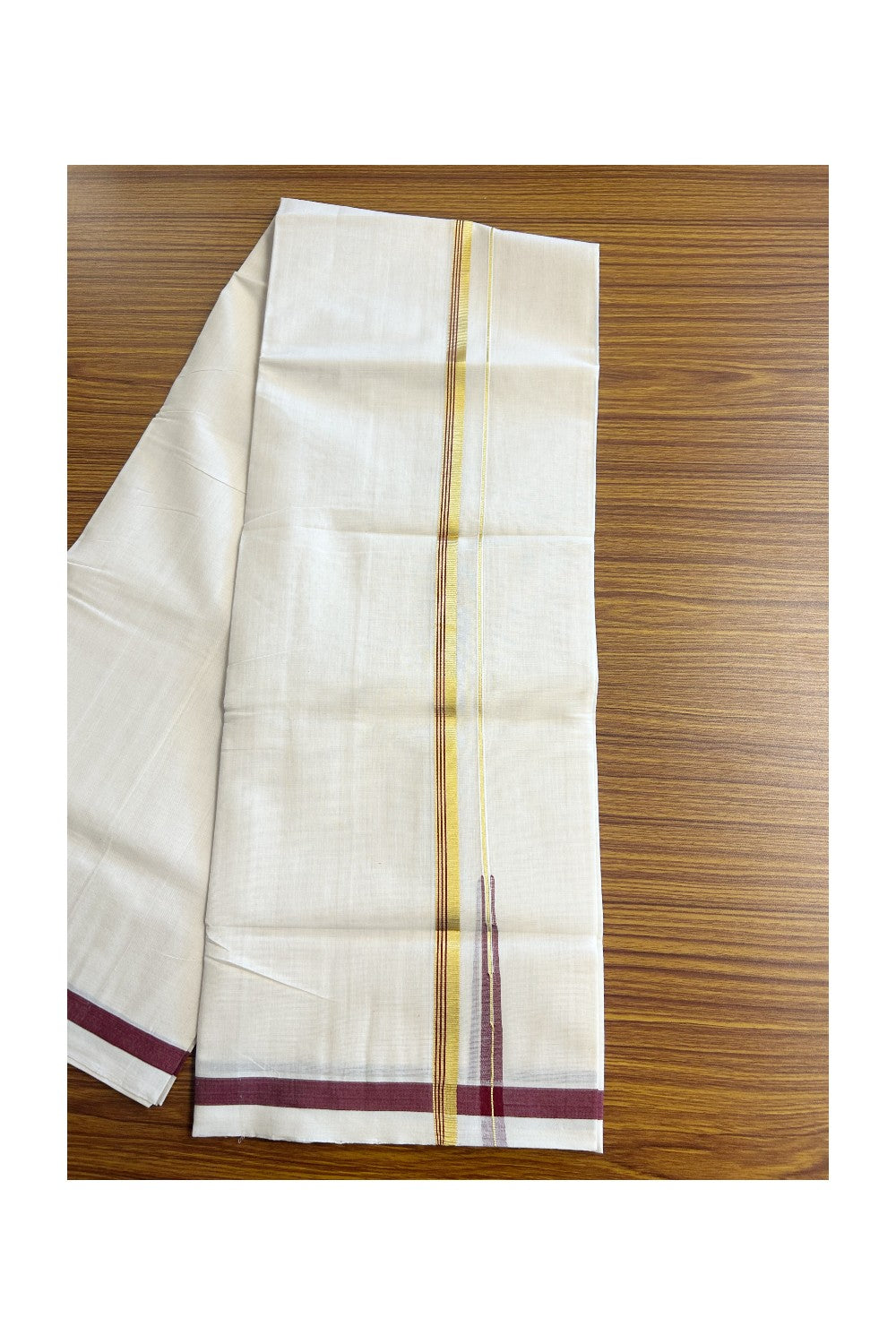 30% DISCOUNT!! KaithariKada HANDLOOM Millpaav Balaramapuram - 100% PURE Cotton OFF White Double- (Unbleached) Mundu/Dothi - 0.5 inch Puliyilakkara side stripes MAROON & Gold kasav chutty Kara - 5KK5156YAR