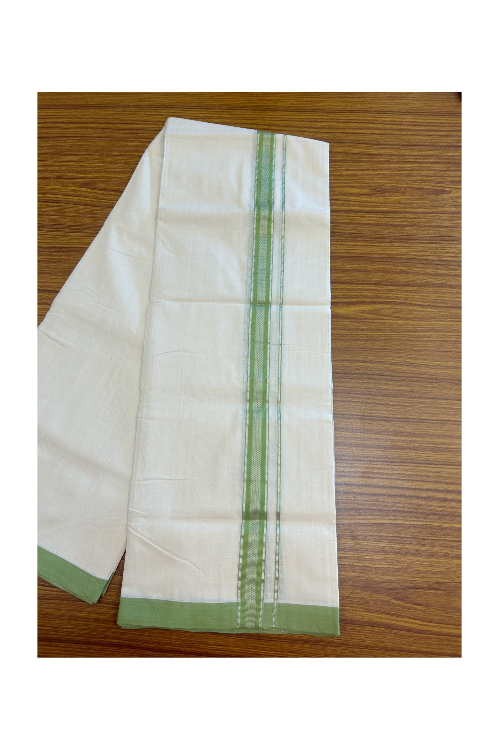 27% DISCOUNT! KaithariKada BALARAMAPURAM HANDLOOM UNAKKUPAAV - 100% PURE Cotton Off white (Unbleached) Double Mundu/Dhoti - 1 inch Silver Kasavu &  Light Green Kara (8 Muzham) - 21KK5161SOM