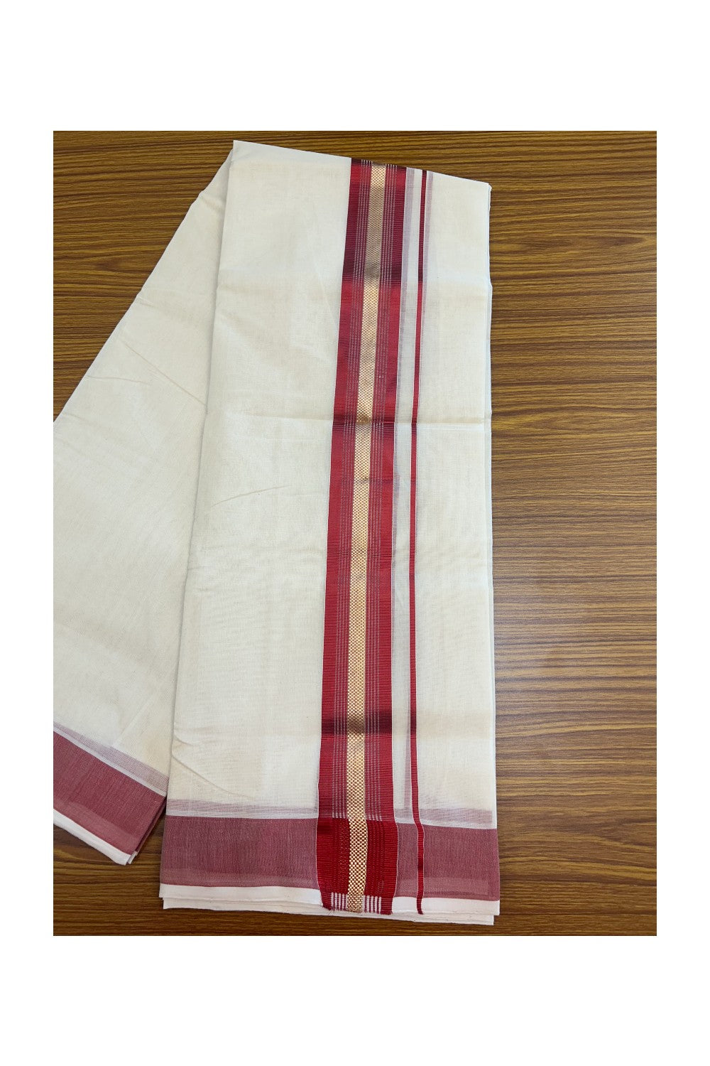 27% DISCOUNT!! KaithariKada HANDLOOM millpaav Balaramapuram - 100% PURE Cotton OFF White - (Unbleached) Double Mundu/Dothi - 2 inch Red colour kasavu  & Gold Kasavu Striped kara - 10KK5162RAM