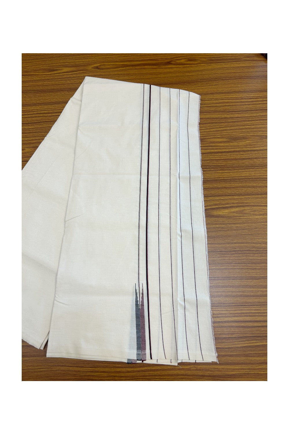 DMK Veshti - 31% Discount !! &nbsp;KaithariKada Balaramapuram 100% COTTON SINGLE OFF WHITE- (Unbleached) Mundu/Dhoti-100X100 - 6 inch Puliyilakkara Striped Maroon & Black Chutty (2 meter / 4 muzham) - 5KK5168ASH
