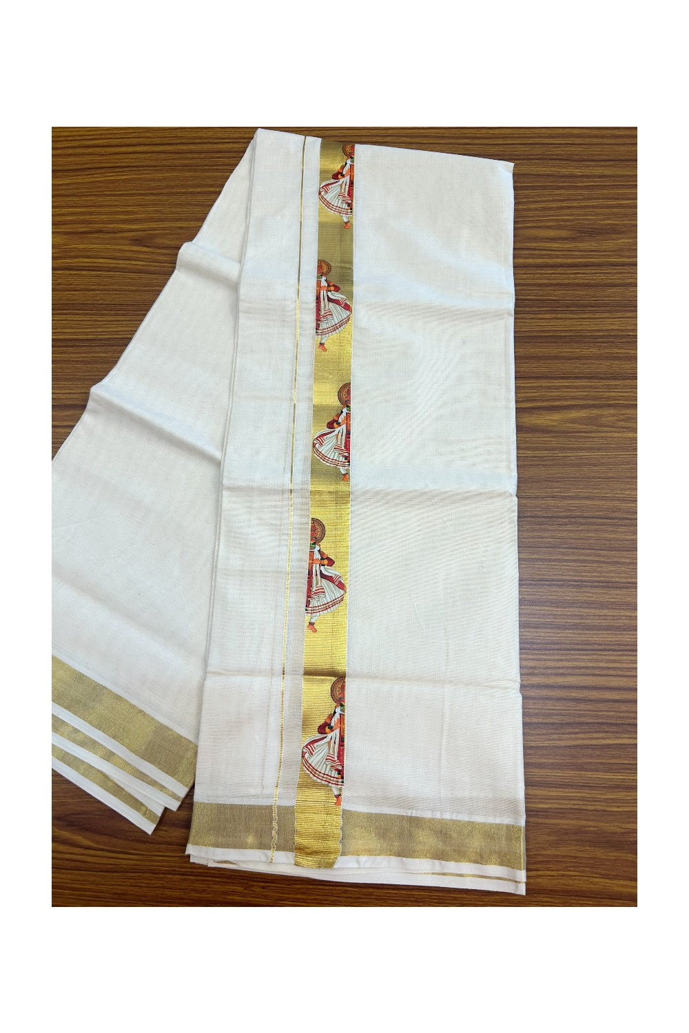 23% Discount!! KaithariKada Balaramapuram Mixed Cotton DOUBLE OFF WHITE - (Ubleached) Mundu/Dhoti - 80x72 - 1.25 inch Kasavu & Kathakali Printed Design Kara - 5KK5171GAN