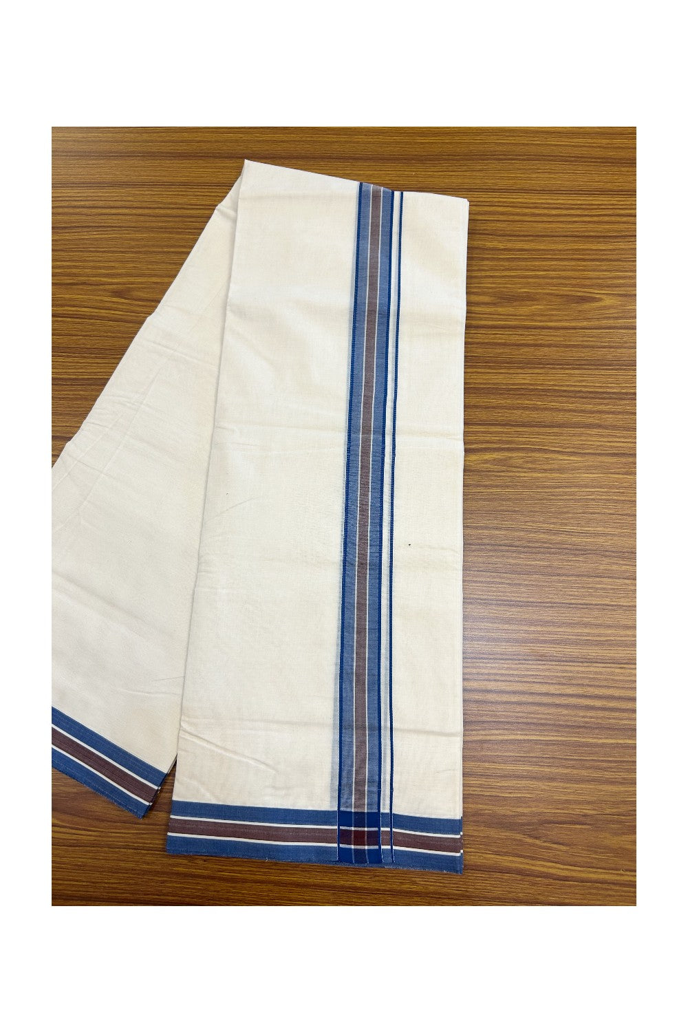 15% Discount KaithariKada Balaramapuram 100% Cotton Double Off white - (Unbleached) - Mundu/Dhoti - 100x100 - 1.5 inch Blue & Brown Striped Kara - 5KK5178ASH