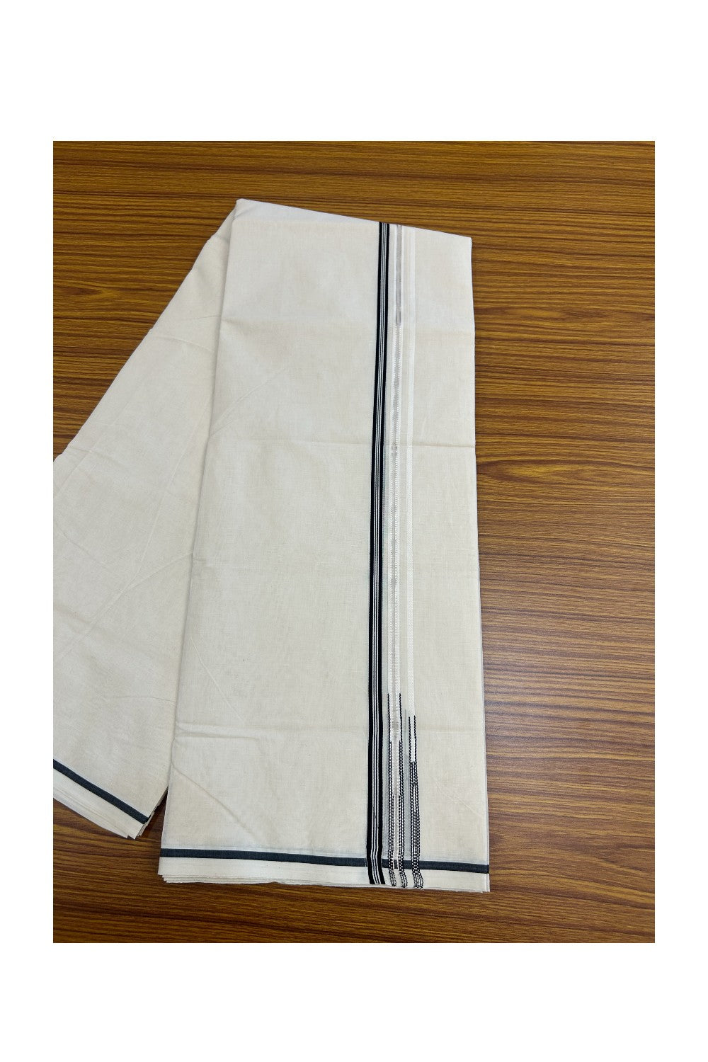 21% Discount! KaithariKada Balaramapuram 100% Cotton Off White - (Unbleached) - Double Mundu/Dhoti-100x100 - 0.5 inch Puliyilakkara Black & Silver Kasavu Striped Double Chutty Kara - 5KK5179ASH