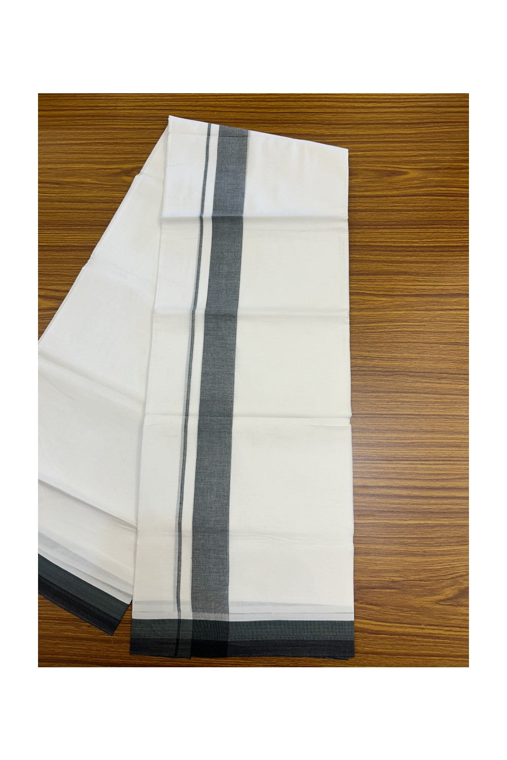 20% Discount ! Kaitharikada Balaramapuram 100% Cotton PURE WHITE Double Mundu/Dothi - 100x80 - 1.5 inch Dark Ocean Green & Black Striped Kara - 5KK5183VIN