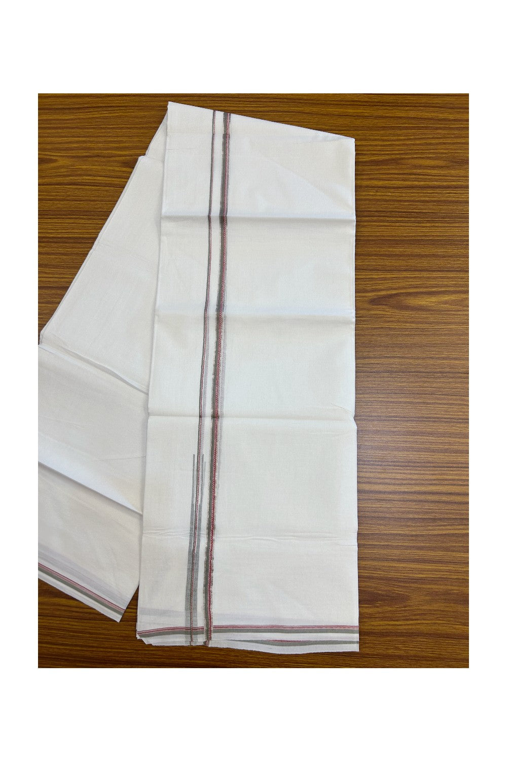 20% Discount !! Kaitharikada Balaramapuram 100% Cotton PURE WHITE DOUBLE Mundu/Dothi- 100X80 Thread - 0.25 inch - Silver Kasavu Red & Light Olive Green Design Chutty Kara - 5KK5184RAMS
