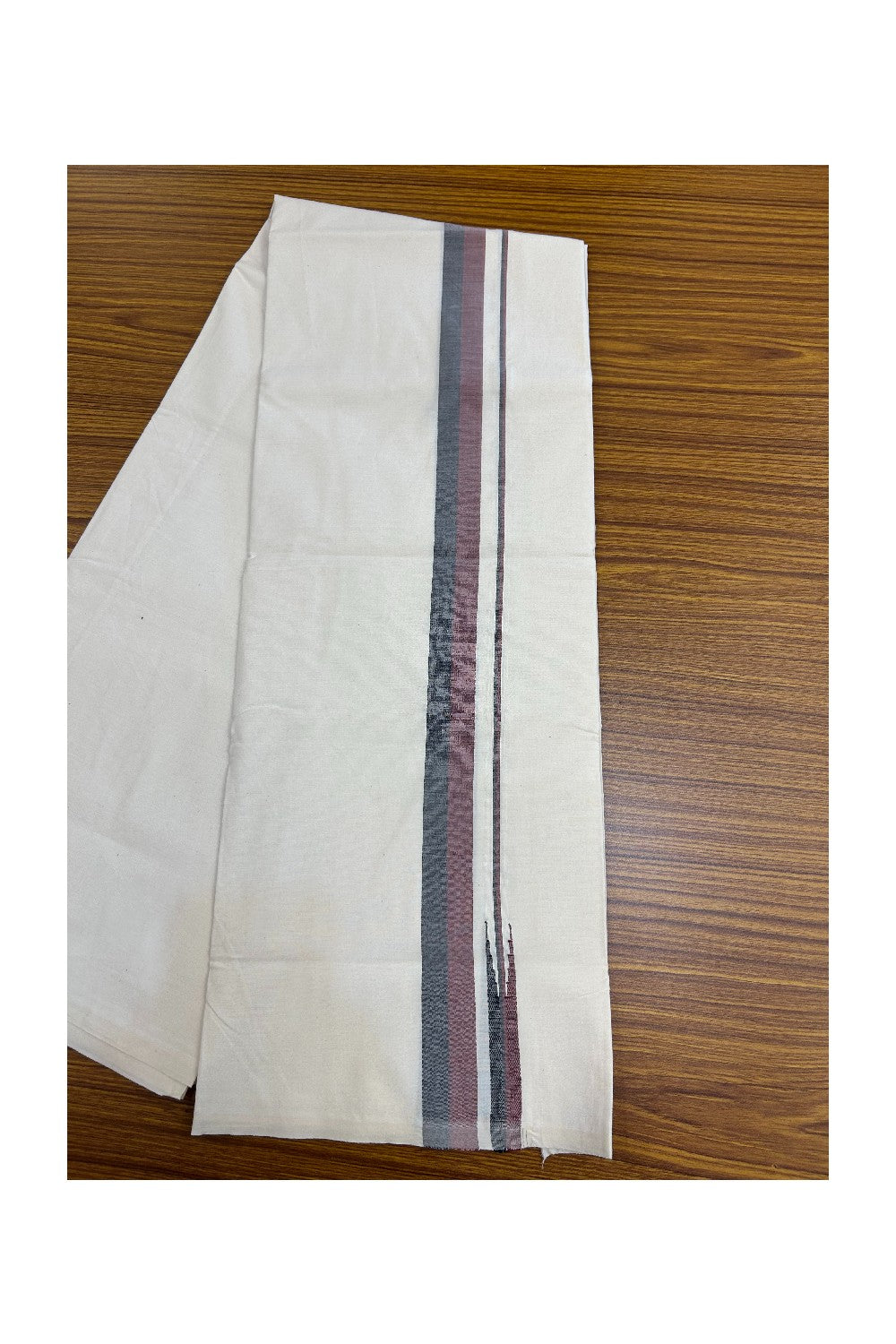 DMK Veshti - 20% Discount !! KaithariKada Balaramapuram 100% COTTON SINGLE OFF WHITE- (Unbleached) Mundu/Dhoti-100X100 -1.25 inch Puliyilakkara Maroon & Black Shaded Chutty (2 meter / 4 muzham) - 5KK5185ASH