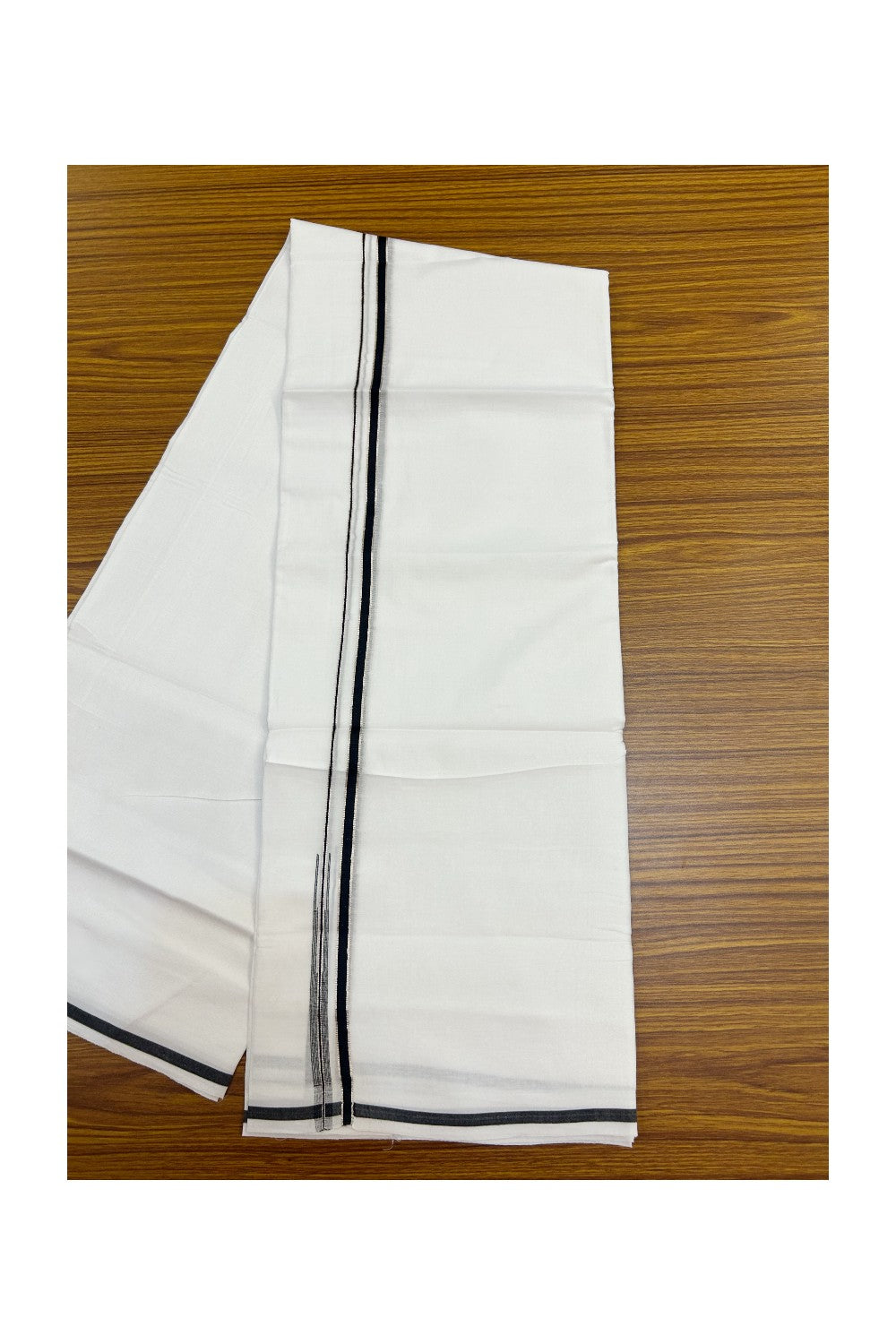 20% Discount !! Kaitharikada Balaramapuram 100% Cotton PURE WHITE Double Mundu/Dothi - 100x80 - 0.25 inch Silver Kasavu & Black Chutty Kara - 5KK5191CKS