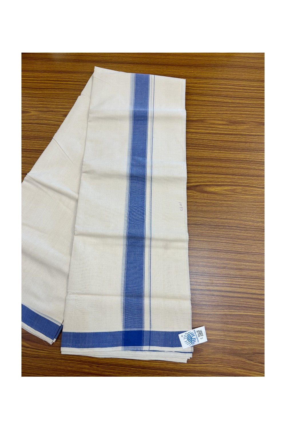 25% Discount KaithariKada HANDLOOM Unakkupaav Balaramapuram - 100% PURE Cotton off white (Unbleached) Double Mundu/Dhoti - 80X90 - 1.75 inch Blue Stripes Kara 3.80 mtr - 5KK5192ELA