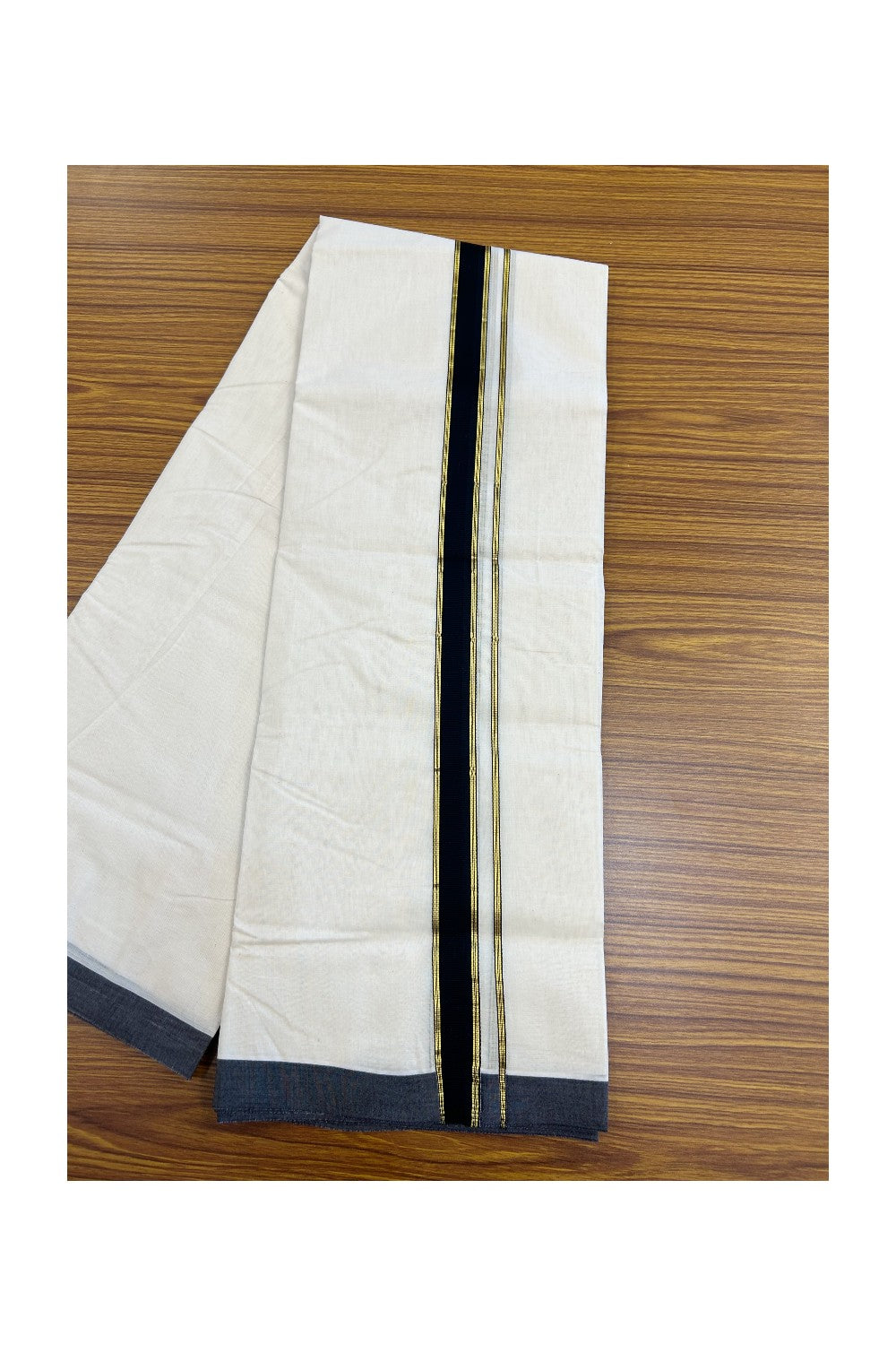 20%Discount KaithariKada Balaramapuram 100% Cotton Double Off white - (Unbleached) - Mundu/Dhoti-100x80 - 1 inch Black & Gold Kasavu Striped Kara 3.75 mtr (8 Muzham)- 5KK5198ASH
