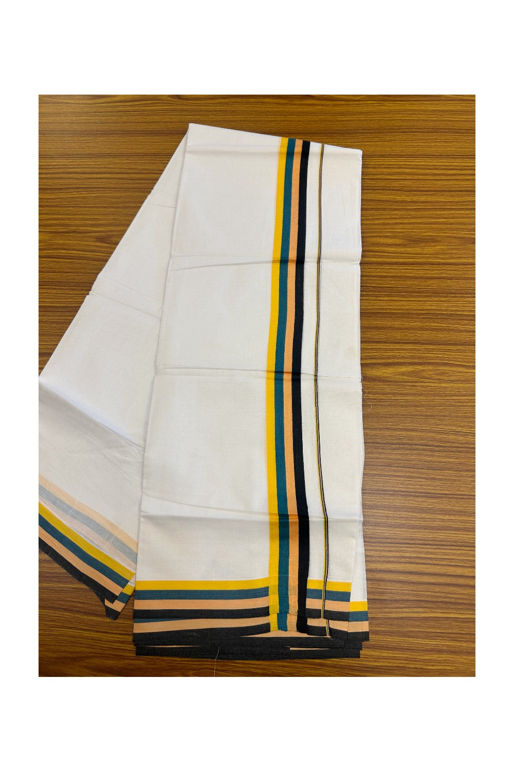 21% DISCOUNT ! KaithariKada Balaramapuram 100% Cotton Pure white Double  Mundu/Dhoti - 100X90 - 1.75 inch Multi Colour kara - 5KK5202PMC