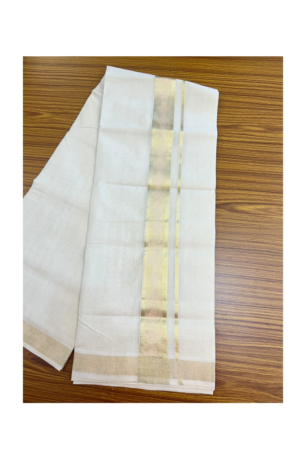 25% DISCOUNT ! KaithariKada HANDLOOM UNAKKUPAAV Balaramapuram - 100% PURE Cotton Off White - (Unbleached) Double Mundu/Dhoti - 1.75 inch Gold Kasavu Shankh Design Kara - 5KK5208ABH