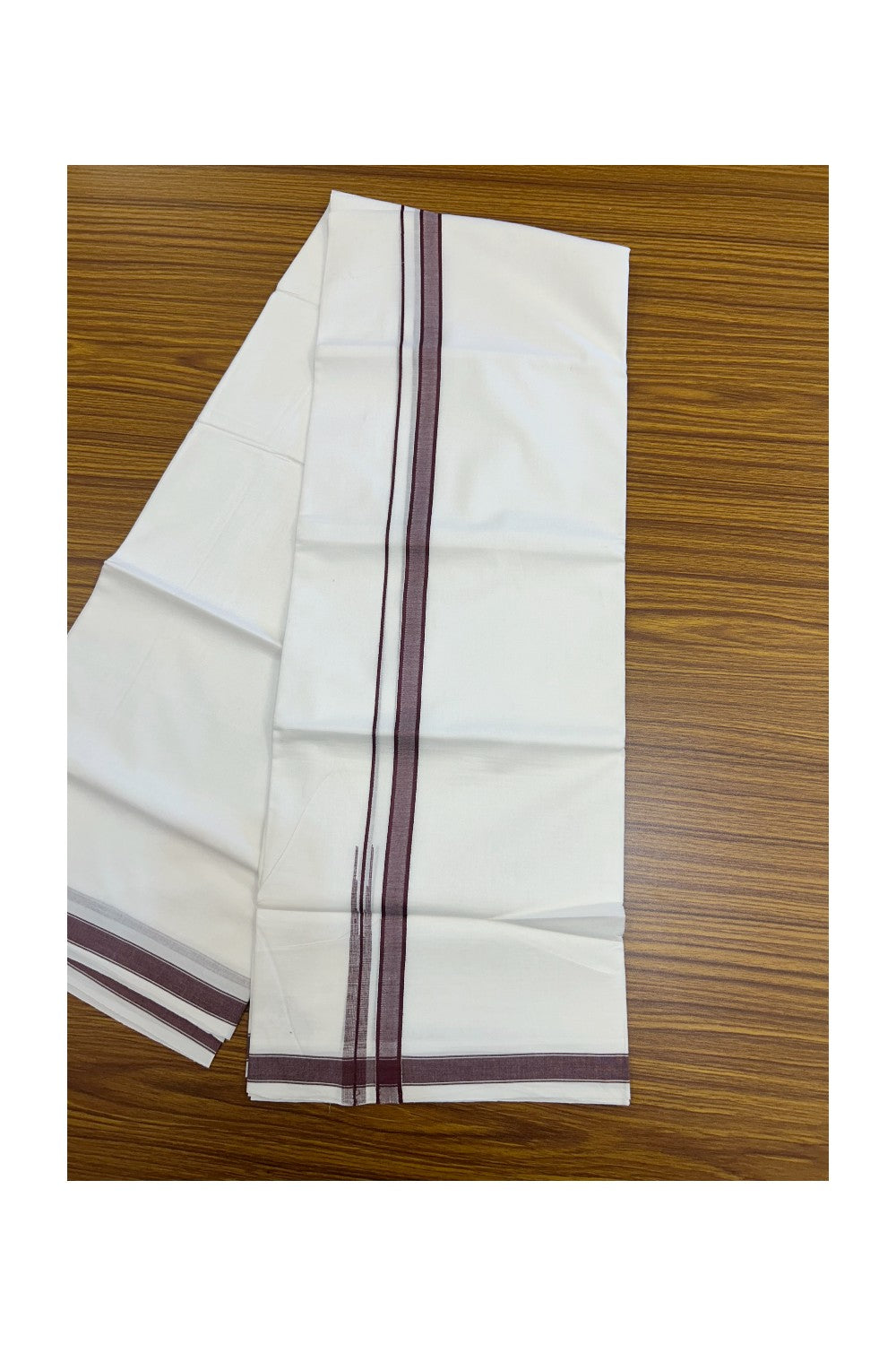 20% Discount!!! KaithariKada Balaramapuram  Double PURE WHITE Mundu/Dhoti - 100x80 - 0.5 inch Maroon shaded puliyilakkara striped chutty - 5KK5217 CKS