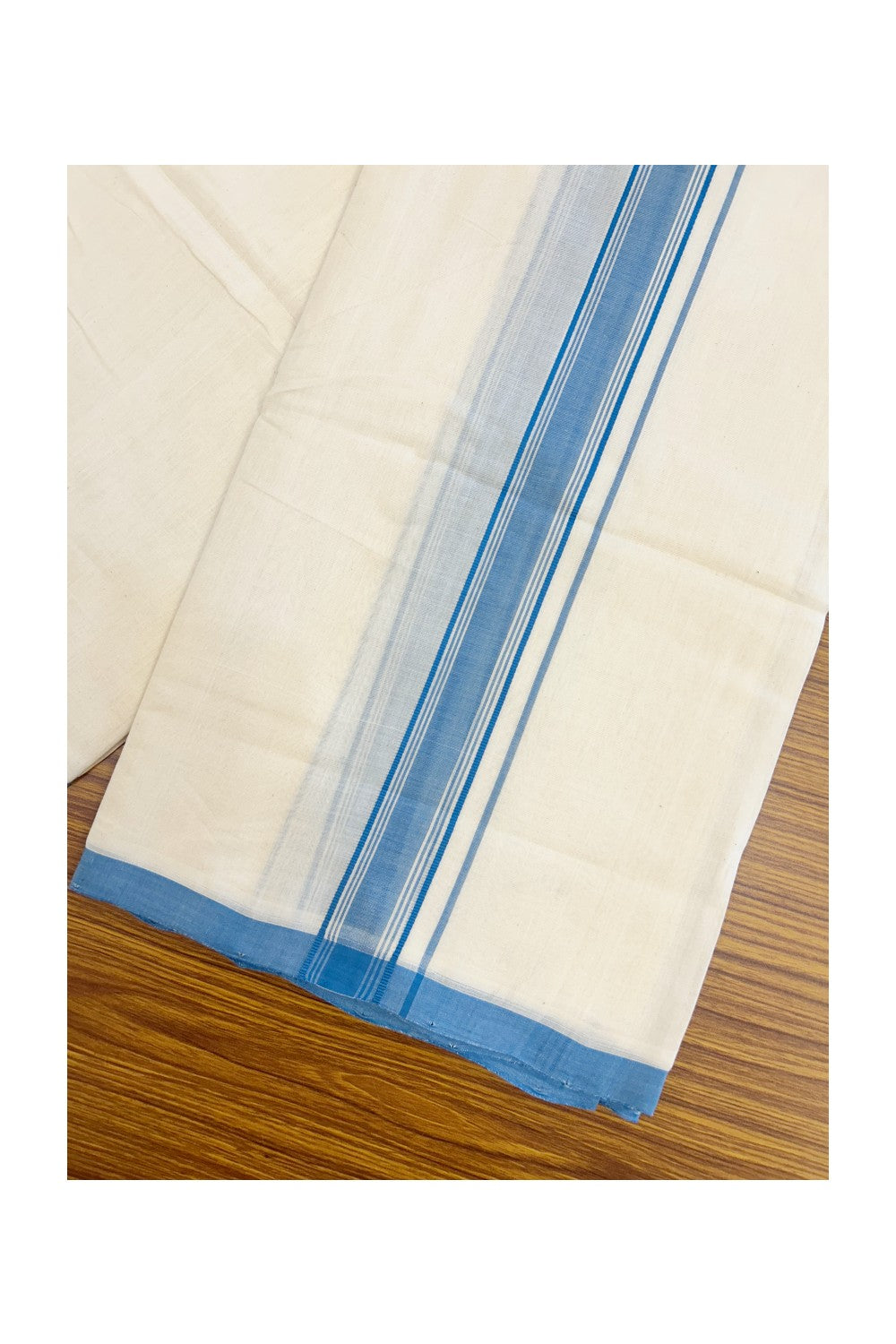 PREMIUM HANDLOOM-20% DISCOUNT! KaithariKada  Cotton OFF White - 100x80 thread-  NORTH INDIAN ATTACHED GAMCHA - 9X5 & 10X6 muzham Dhoti - 1.5 inch Blue Border - 5KK5223VEL