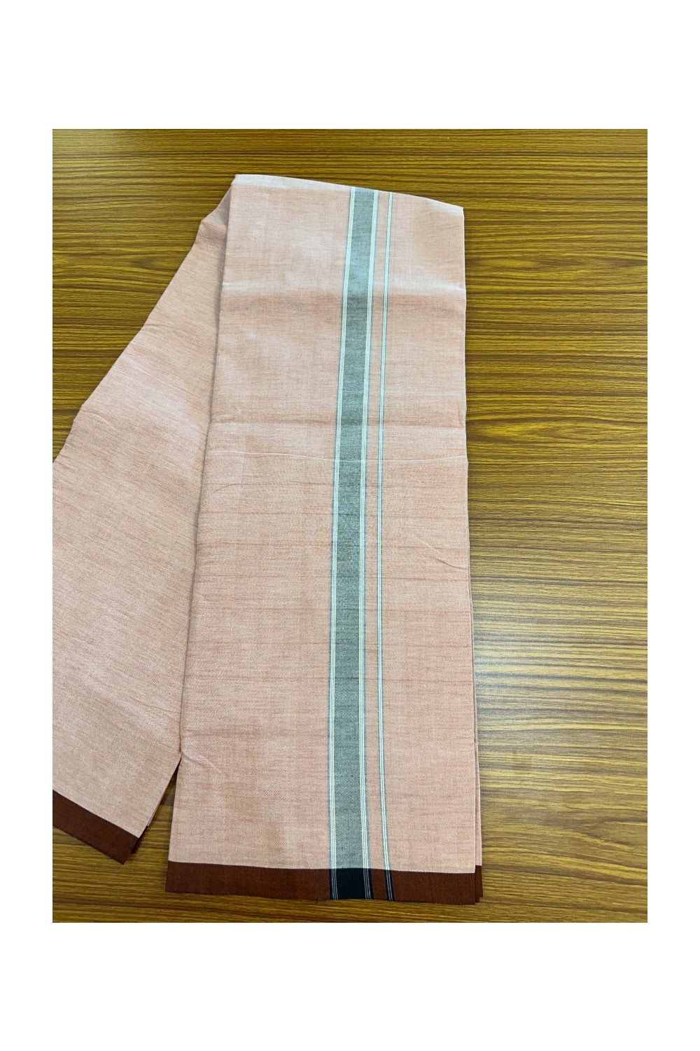 25% Discount ! KaithariKada 100% Cotton Balaramapuram HANDLOOM Single Mundu/Dhoti - Dark Peach Shaded COLOUR BODY & 1.25 inch Navy Blue White Striped Kara (2 meter / 4 muzham) - 5KK5225KAI