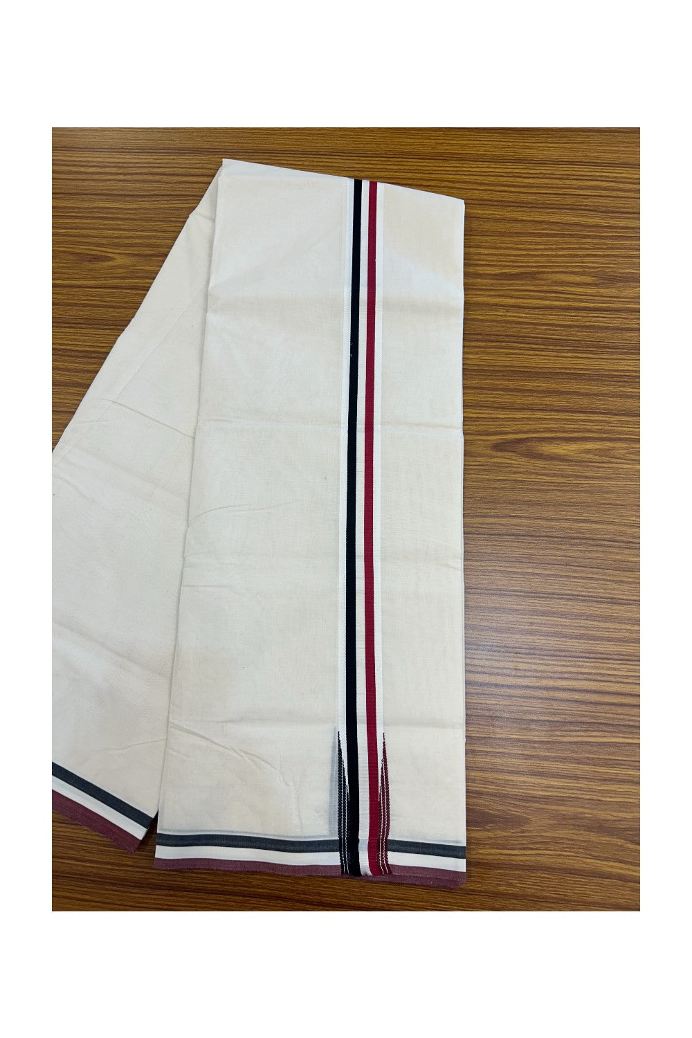 ADMK VESHTI - 20% DISCOUNT! KaithariKada 100% Cotton off white Double - (Unbleached) Mundu/Dhoti - 100X100 - 1.5 inch Black White & Maroon Red Wings Chutty kara - 5KK5226 ASH