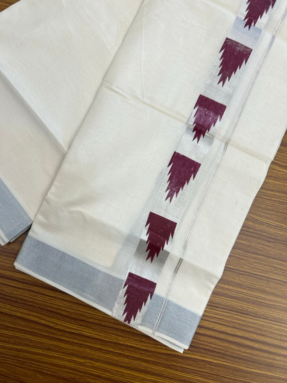 KaithariKada 100% Cotton Double 4 meter Off white - (Ubleached) Mundu / Dhoti - 100x80 1.5 inch Silver Kasavu & Maroon Temple Printed - 5 KK5262 MUT