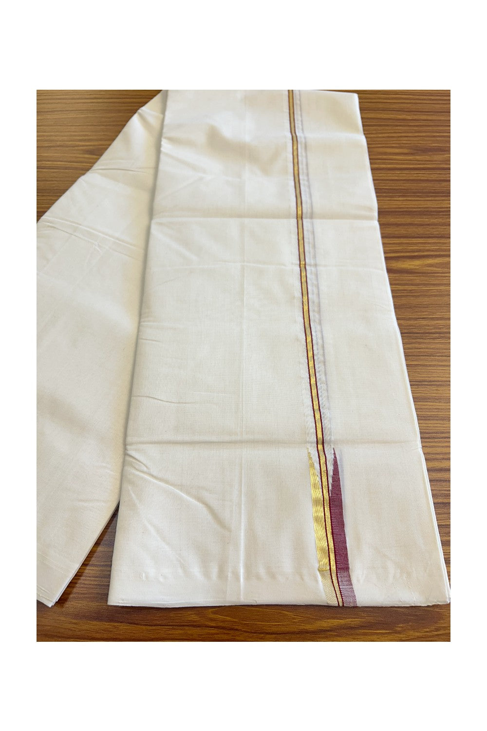 30% DISCOUNT!! KaithariKada HANDLOOM MILLPAAV Balaramapuram - 100% PURE Cotton OFF White - (Unbleached)  Double Mundu/Dothi - 2 cm Kasavu & Red Chutty Puliyilakkara - 5KK65RAM