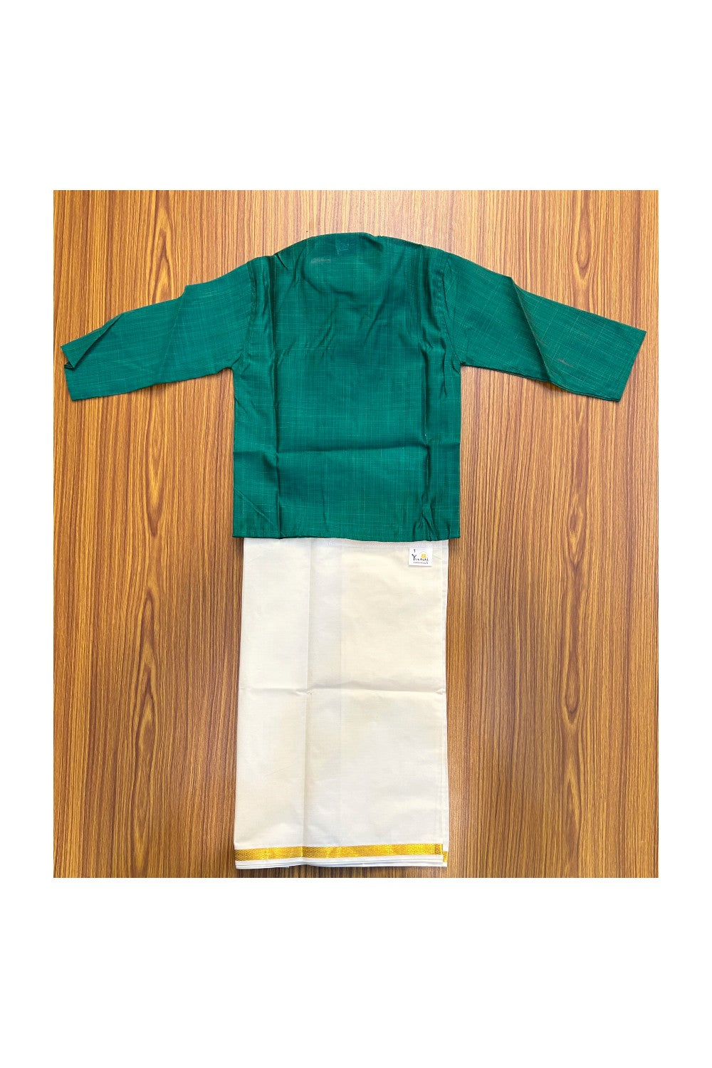 10% DISCOUNT !!! Yuvraj-Traditional South Indian Kids Cotton Kurta & Mund- Green Kurta Off white Kasavu Mund Age 1- 5KK91YUV1.