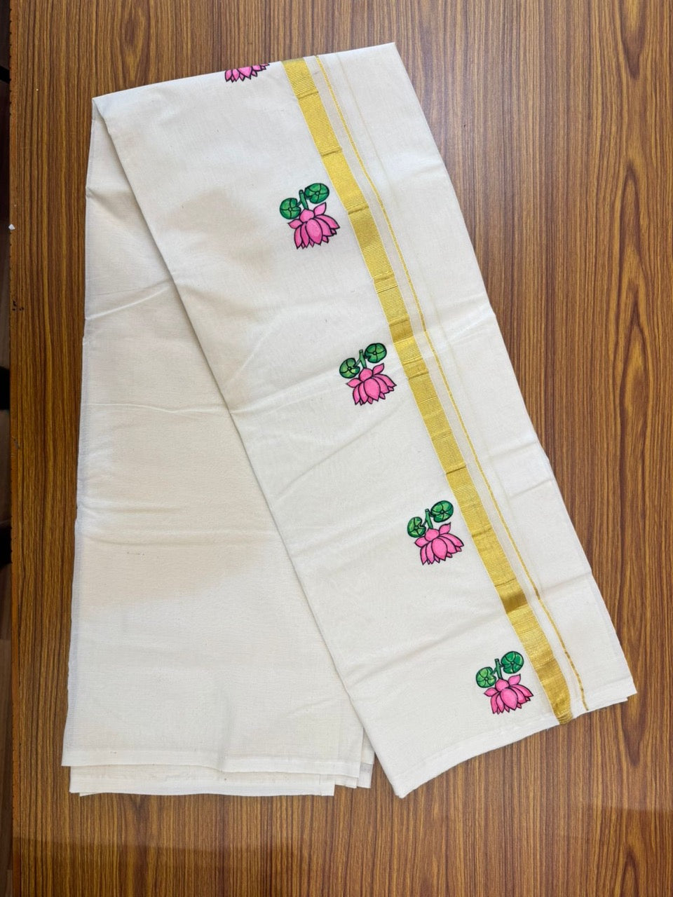 KaithariKada Balaramapuram 100% Cotton Double Off white - (Unbleached) Mundu/Dhoti-100x80 - 0.75 inch Hand Painted Gold Kasav Pink Lotus Design Kara 3.75 mtr (8 muzham) - 7 KK5244 ASH