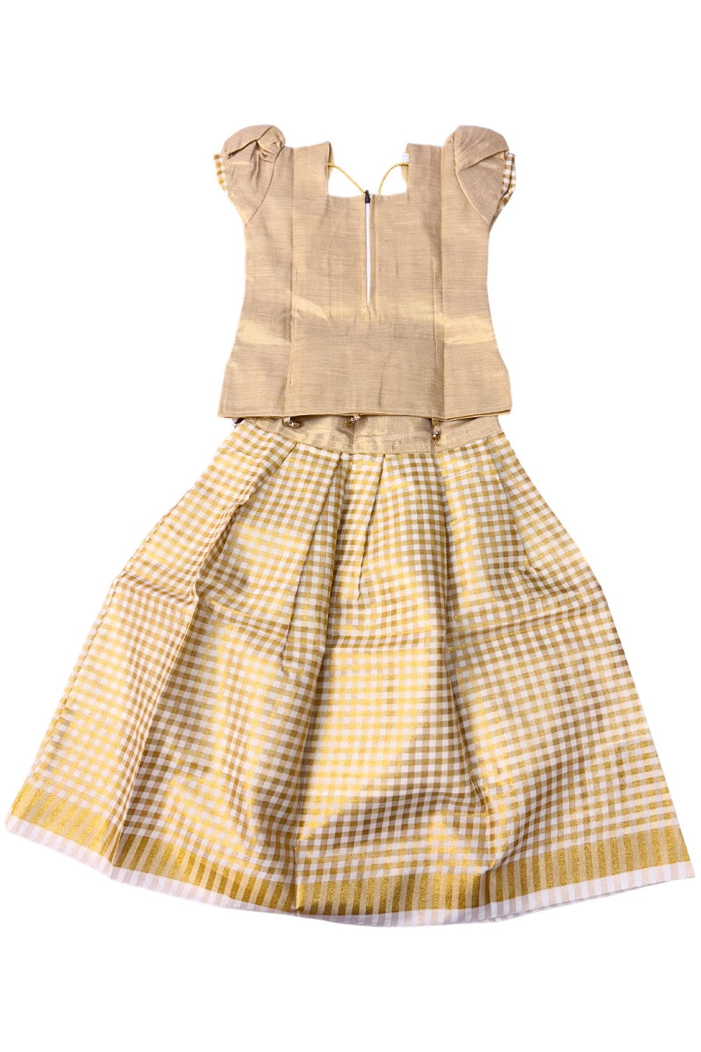 Midukki-Traditional South Indian Kids Pattu Pavada- Golden jerry top offwhite check skirt- Age 5 - KK5MID005