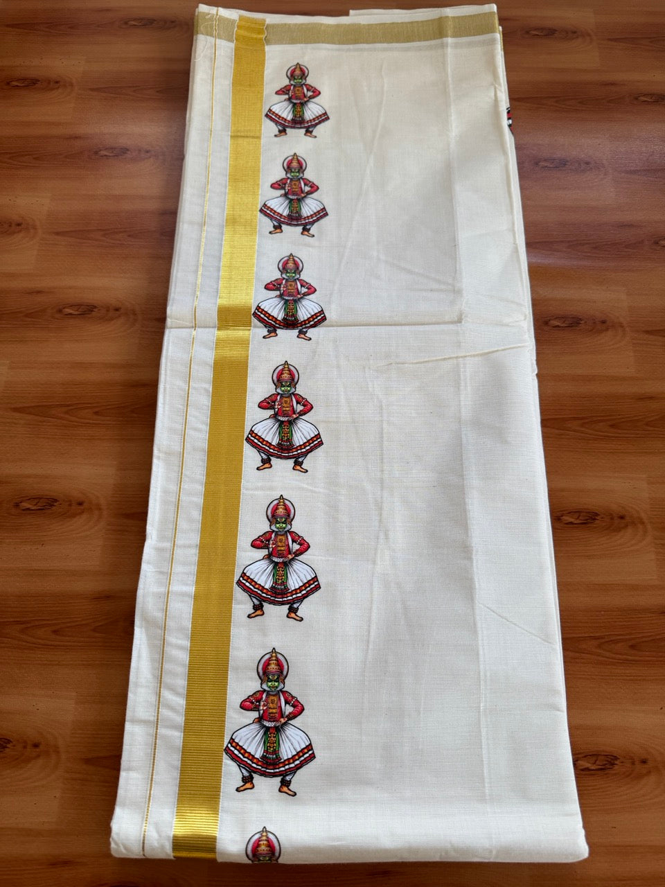 Double Off White - Kathakali Print - (Unbleached) Mundu/Dhoti- 20% Discount!! KaithariKada Mixed Cotton 60s - 1 inch Gold Kasav with Printed Design Kara - 7 KK5474 GAN