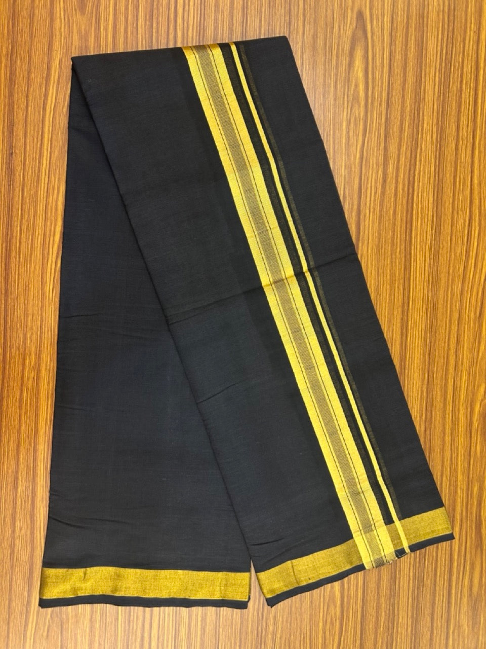 25% Discount! KaithariKada Handloom Unakkupaav Balaramapuram - Pure Cotton Double Mundu/Dhoti (Unbleached) - 80x90s - Black Colour Body - 1.5 inch Gold Kasavu Striped Kara - 92 KK5256 RAM