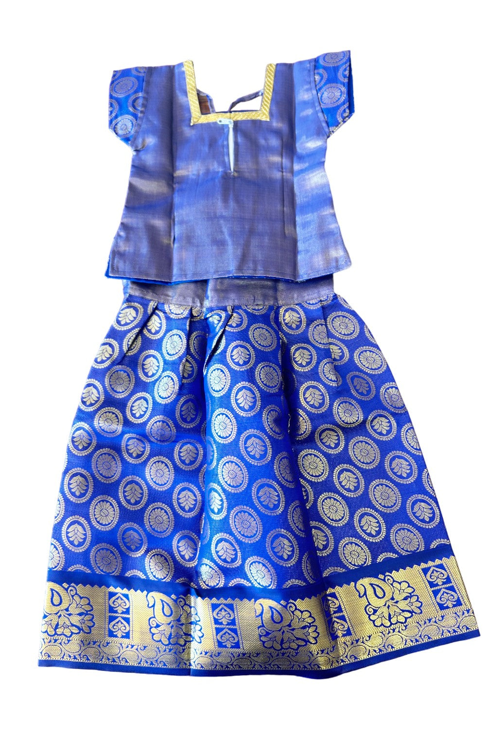 Midukki-Traditional South Indian Kids Pattu Pavada- Blue tissue top blue brocade skirt - Age 4 - KK4MID005