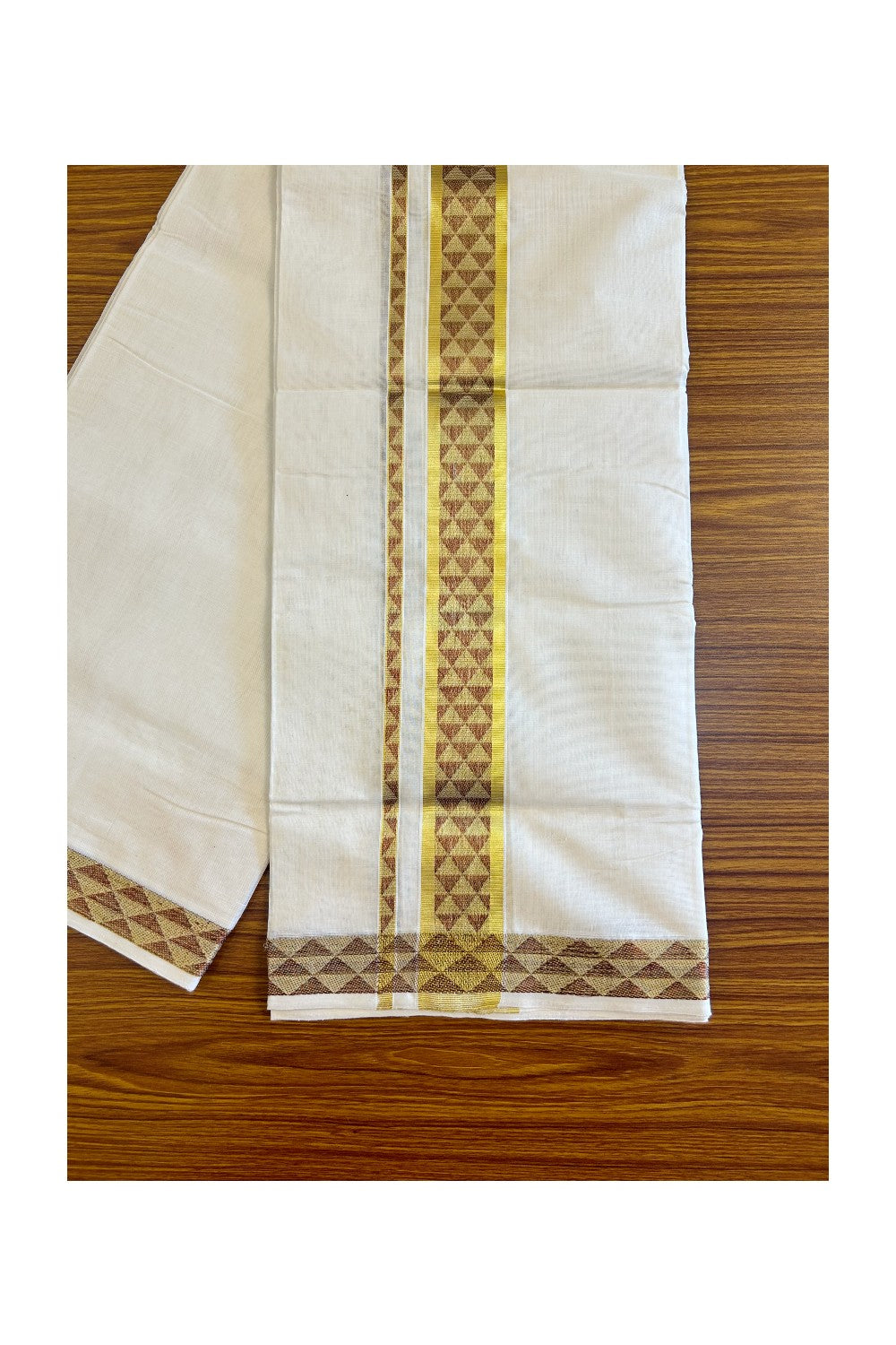 15% Discount!!! KaithariKada HANDLOOM UNAKKUPAAV Balaramapuram - 100% PURE Cotton off white (Unbleached) Double Mundu/Dhoti - 3 inch Kasavu & Maroon triangle pattern kara - 5KK415SOM