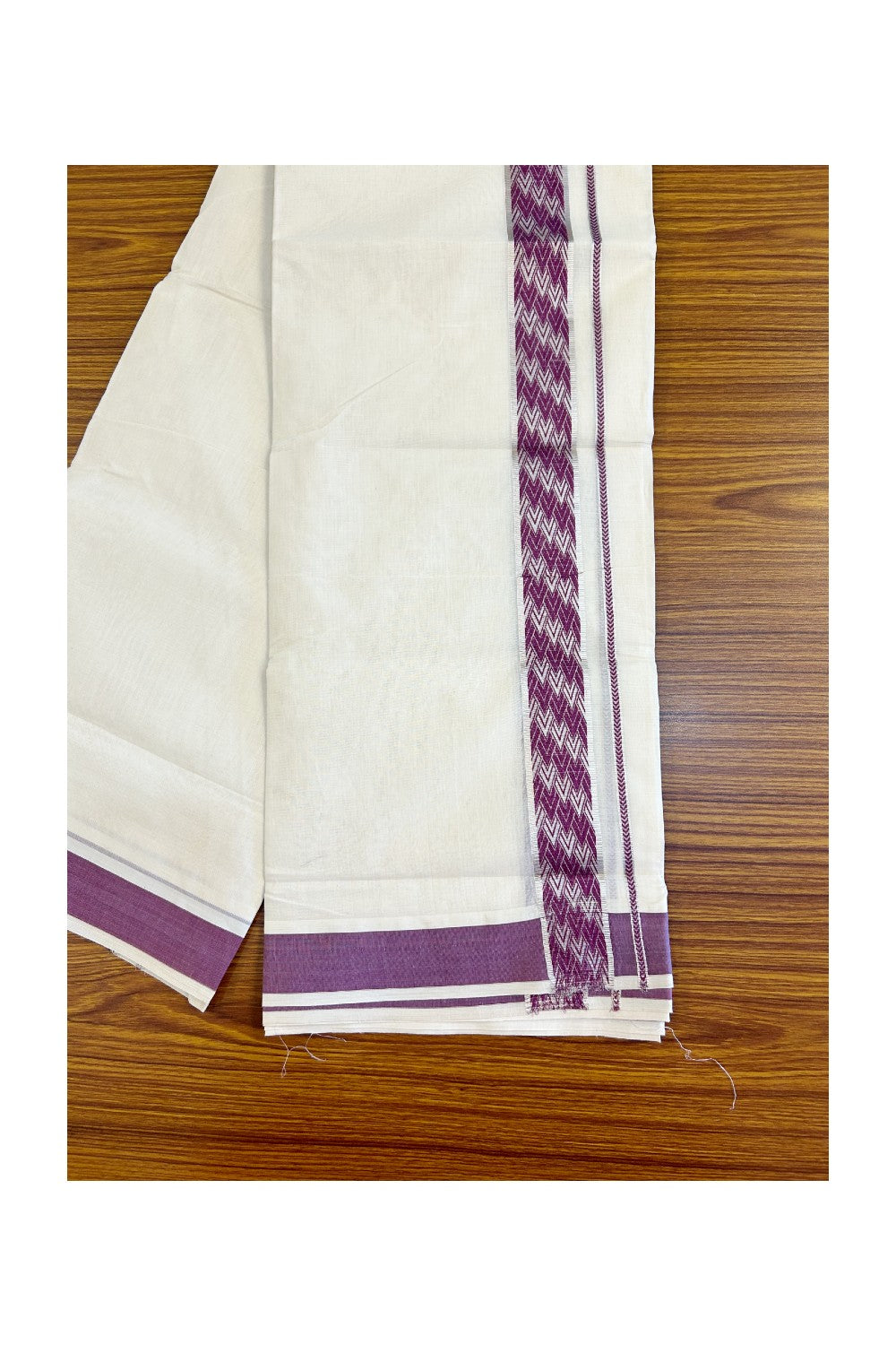 21% DISCOUNT ! KaithariKada Balaramapuram 100%  Cotton off white (Unbleached) Double  Mundu/Dhoti - 100X100 Silver kasavu & Magenta designer kara - 5KK457VIN