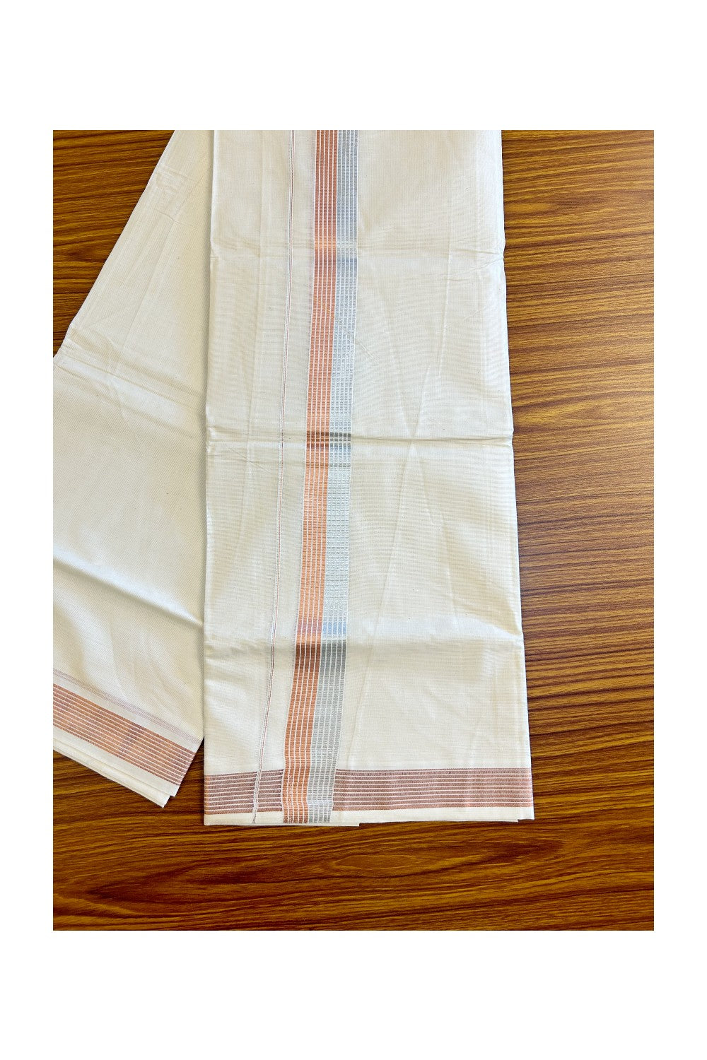 14% DISCOUNT!! KaithariKada Balaramapuram 100% Cotton Double Off white (Unbleached) Mundu/Dhoti-80x72- Copper & Silver Striped Kara - 5KK463CEE