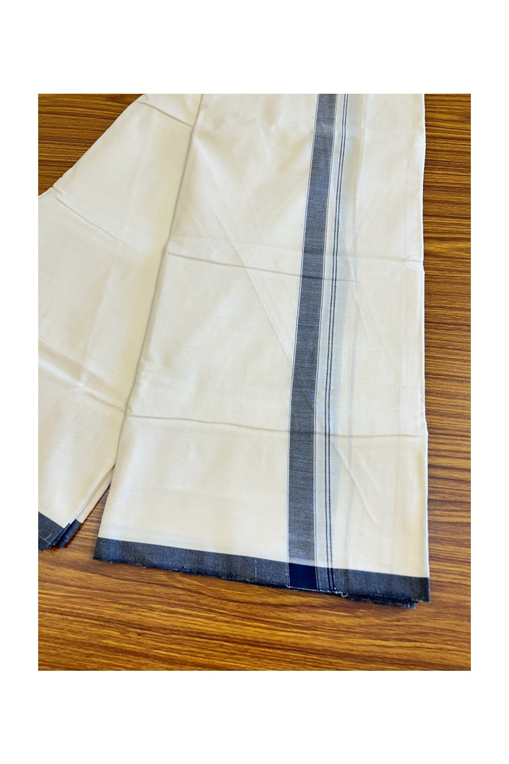 120X120 PREMIUM Kaitharikada Exclusive - 25% DISCOUNT! BALARAMAPURAM HANDLOOM Unakkupaavu - 100% PURE Cotton Double Mundu/Dhoti OFF WHITE (Unbleached) - 1.25 inch Black Striped Kara - 5KK477KAL