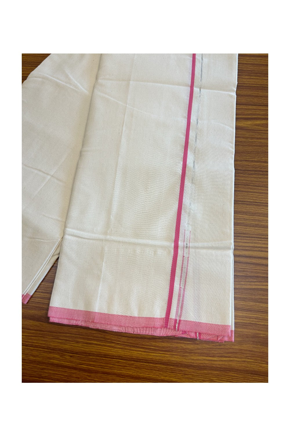 SIGNATURE KAITHARIKADA EXCLUSIVE SINGLE DHOTI - 100% Cotton Balaramapuram HANDLOOM Single Mundu/Dhoti - Off White - (Unbleached) 0.25 Inch Pink & Silver KASAVU Chutty Kara  (2 metre / 4 muzham)- 5KK5010KAI