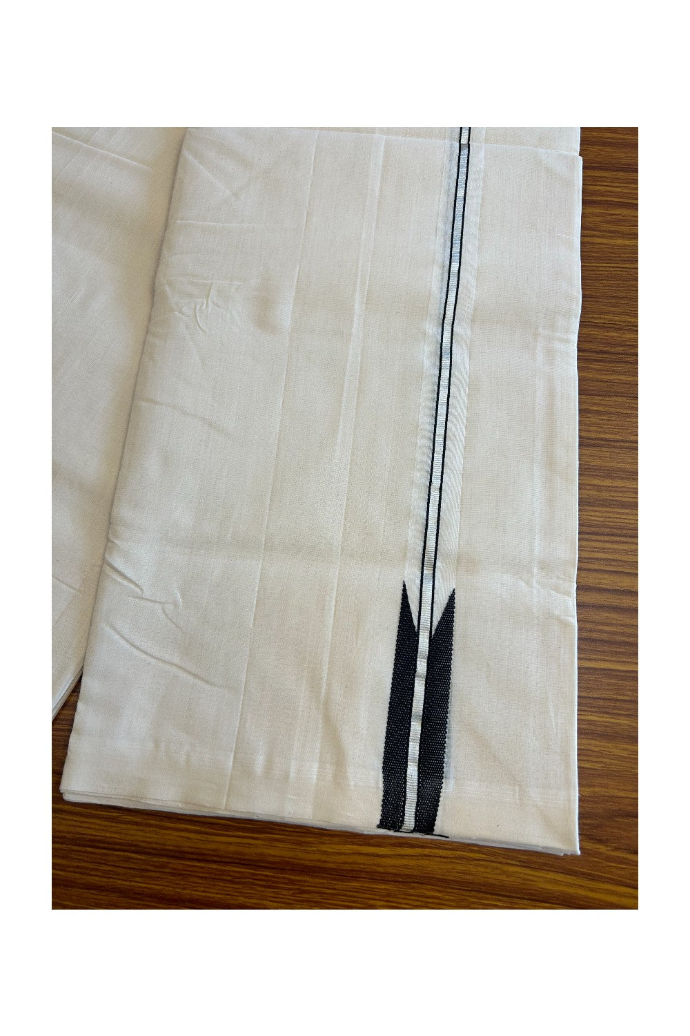 30% DISCOUNT!! KaithariKada HANDLOOM UNAKKUPAAV Balaramapuram - 100% PURE Cotton OFF White - (Unbleached) Double Mundu/Dothi - 0.75 inch Puliyilakkara silver kasavu & Black chutty - 5KK5011RAM