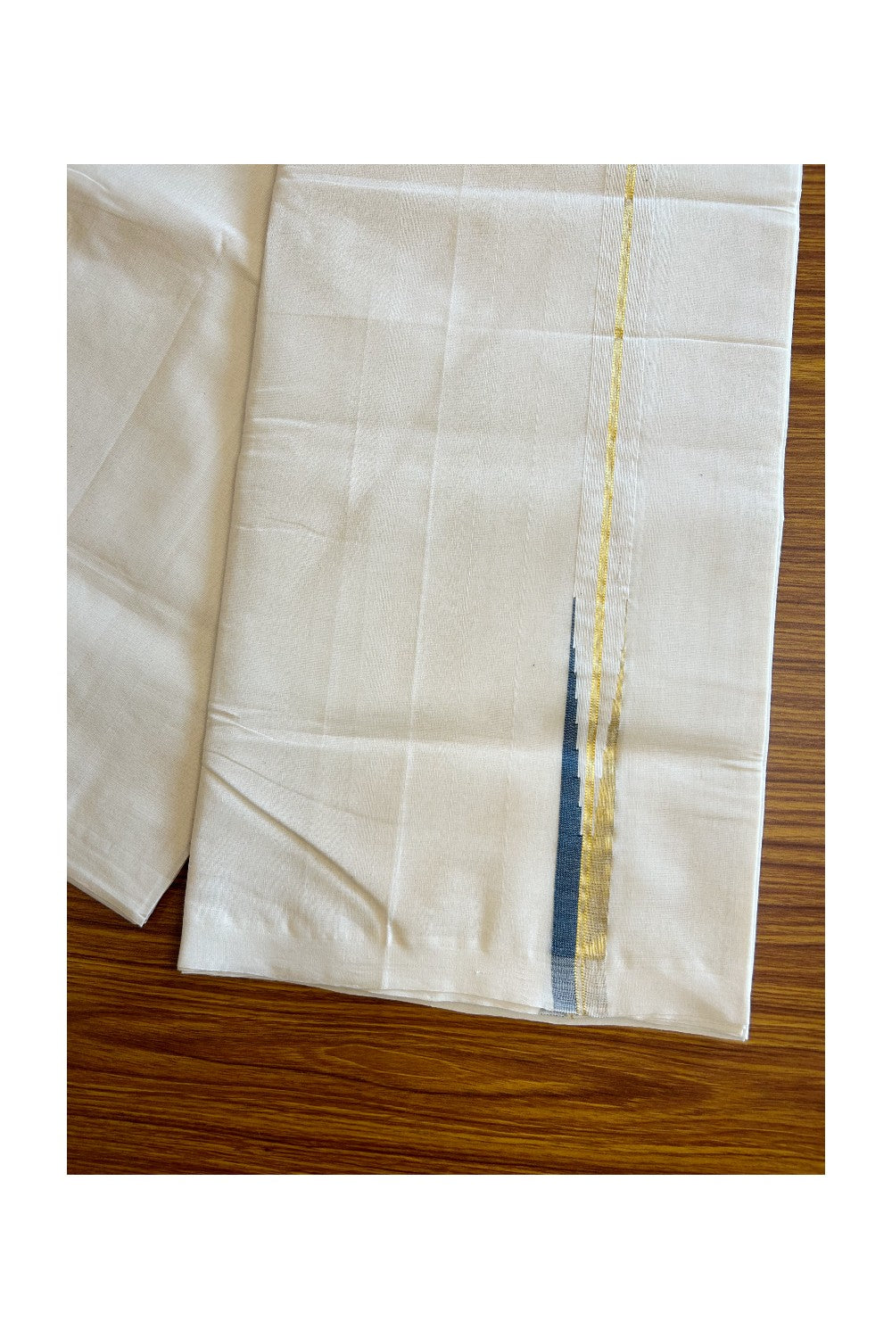 30% DISCOUNT!! KaithariKada HANDLOOM Millpaav Balaramapuram - 100% PURE Cotton OFF White Double - (Unbleached) Mundu/Dothi - 1 inch puliyilakkara Kasavu & Peacock Blue chutty- 5KK5029RAM