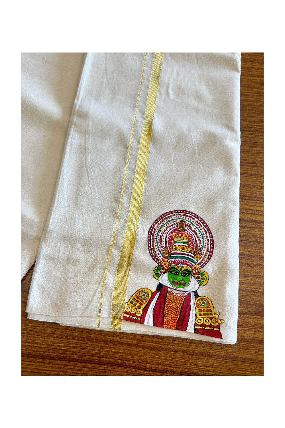 KaithariKada Balaramapuram 100% Cotton Double Off white - (Ubleached) Mundu/Dhoti-100x80 1 inch Kasavu & Hand Painted Kadhakali Design Kara 3.70 meter- 5KK5046KK