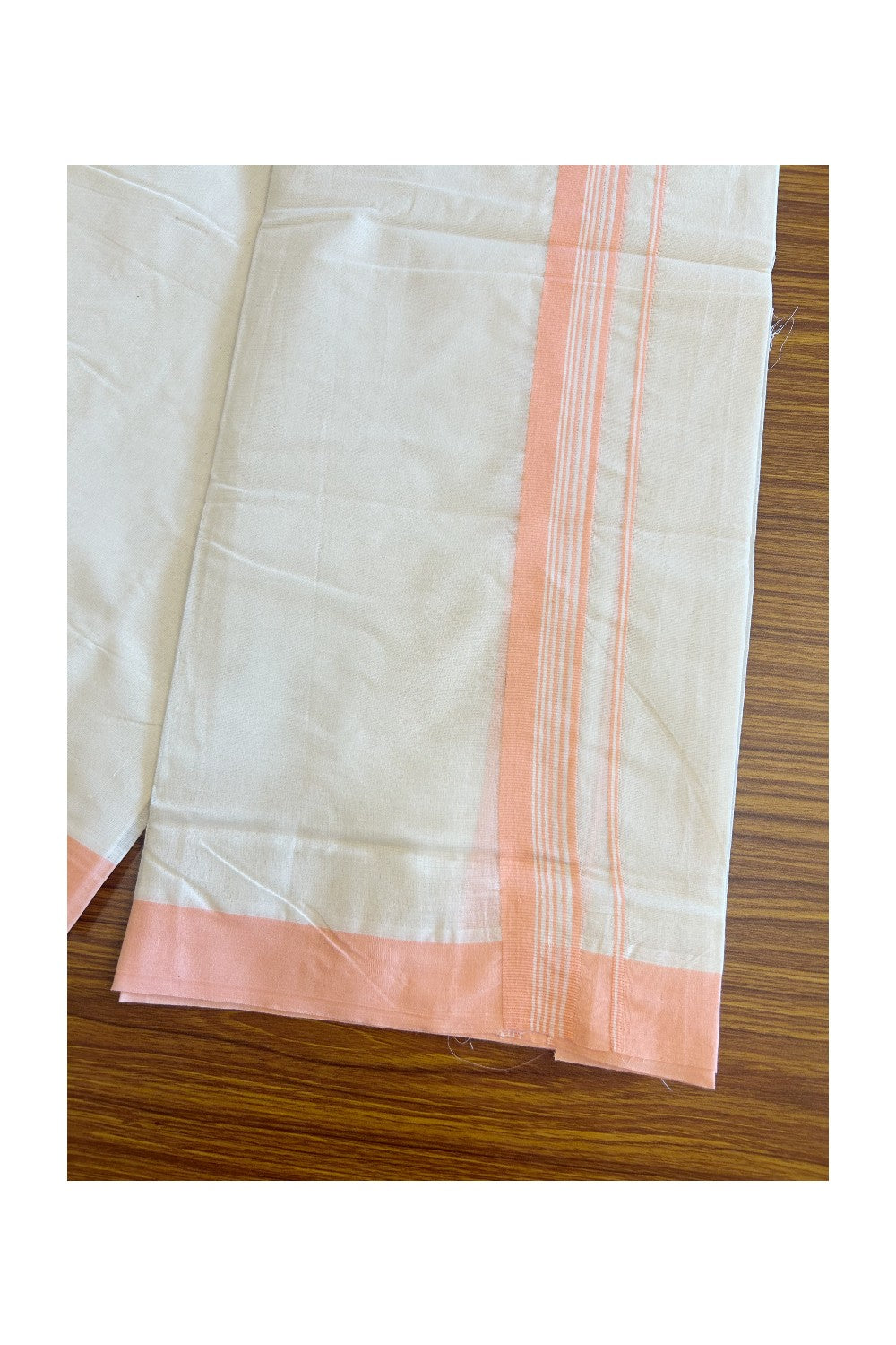 20% Discount KaithariKada Balaramapuram 100% Cotton Double Off white - (Unbleached) - Mundu/Dhoti- 100x100 - 2.25 inch Peach Stripes Kara - 126