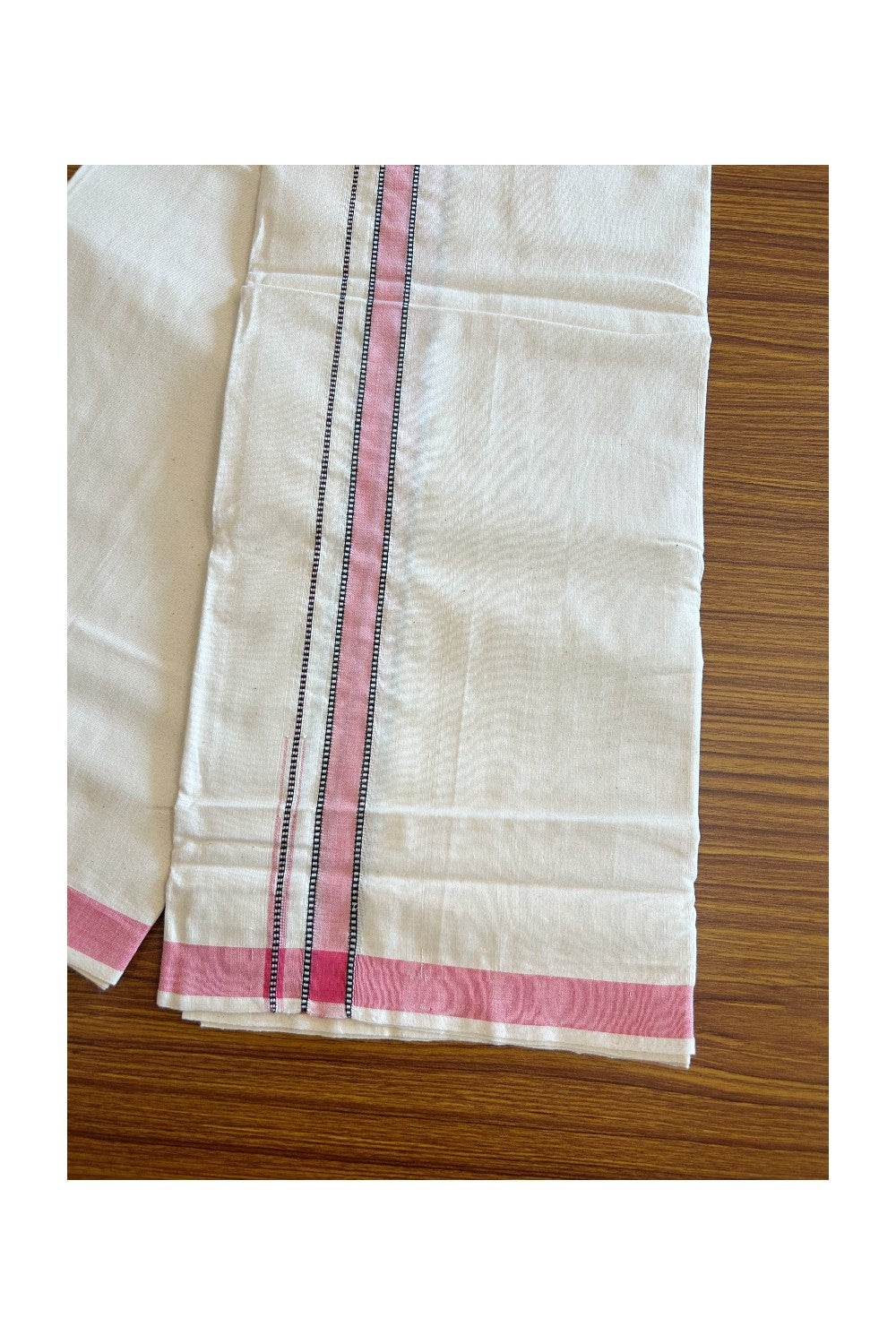 30% Discount ! KaithariKada 100% Cotton Balaramapuram HANDLOOM Single Mundu/Dhoti - Off White (Unbleached) 1.Inch (2 meter / 4 muzham) Pink & Stripes Patterned Puliyilakkara Chutty- KK32KAI
