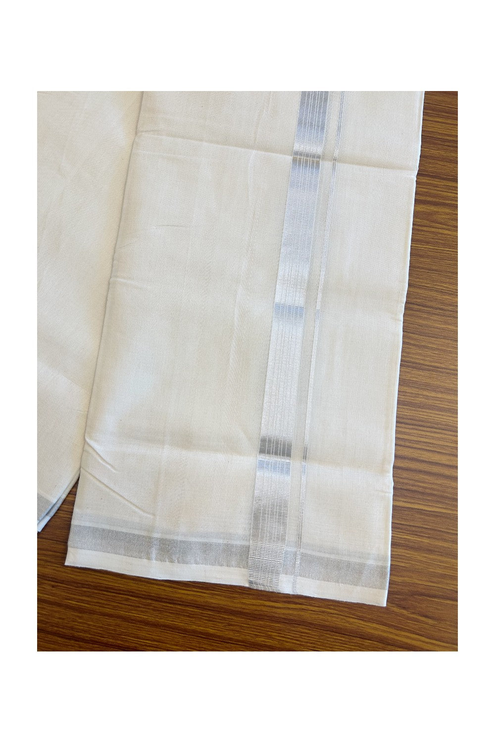 30% DISCOUNT ! KaithariKada HANDLOOM Millpaav Balaramapuram - 100% PURE Cotton Off White - (Unbleached) Double Mundu/Dhoti - Silver KASAVU Stripes Design-6KK43RAN.
